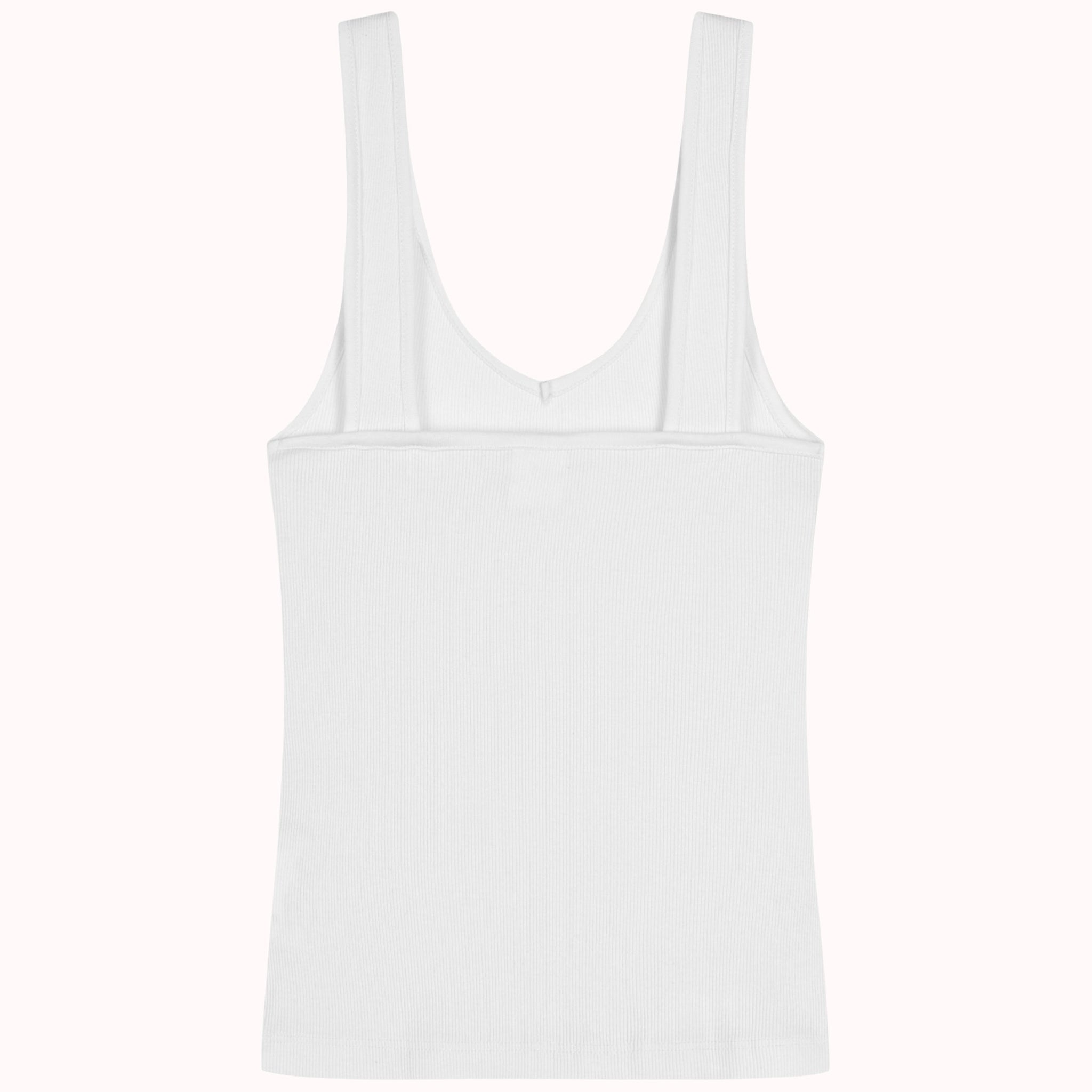 Weißes Damen-Trägershirt mit breiten Schulterträgern und geripptem Stoff, auf einem hellen Hintergrund dargestellt.