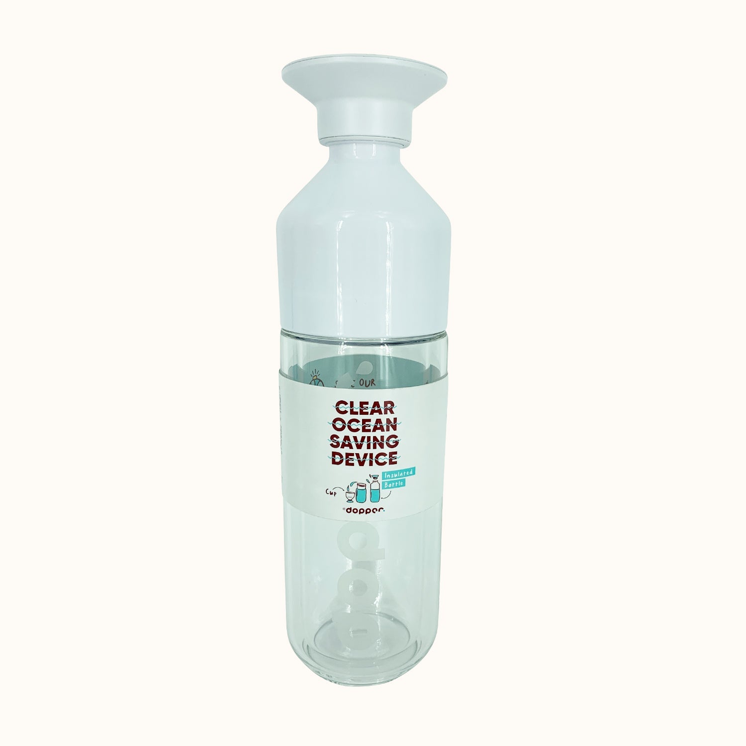 Weiße Trinkflasche mit dem Schriftzug "Clear Ocean Saving Device" und durchsichtigem unteren Teil.