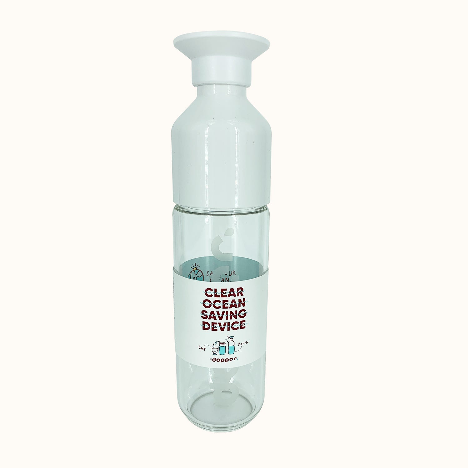 Transparente Flasche mit weißem Deckel und dem Aufdruck "Clear Ocean Saving Device" auf dem Etikett.