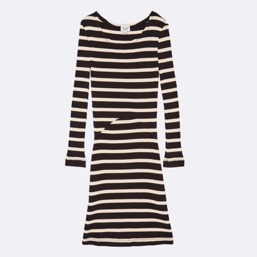 Langärmeliges, knielanges Kleid mit schwarzen und weißen Querstreifen, tailliert geschnitten und mit leicht ausgestelltem Rockteil.