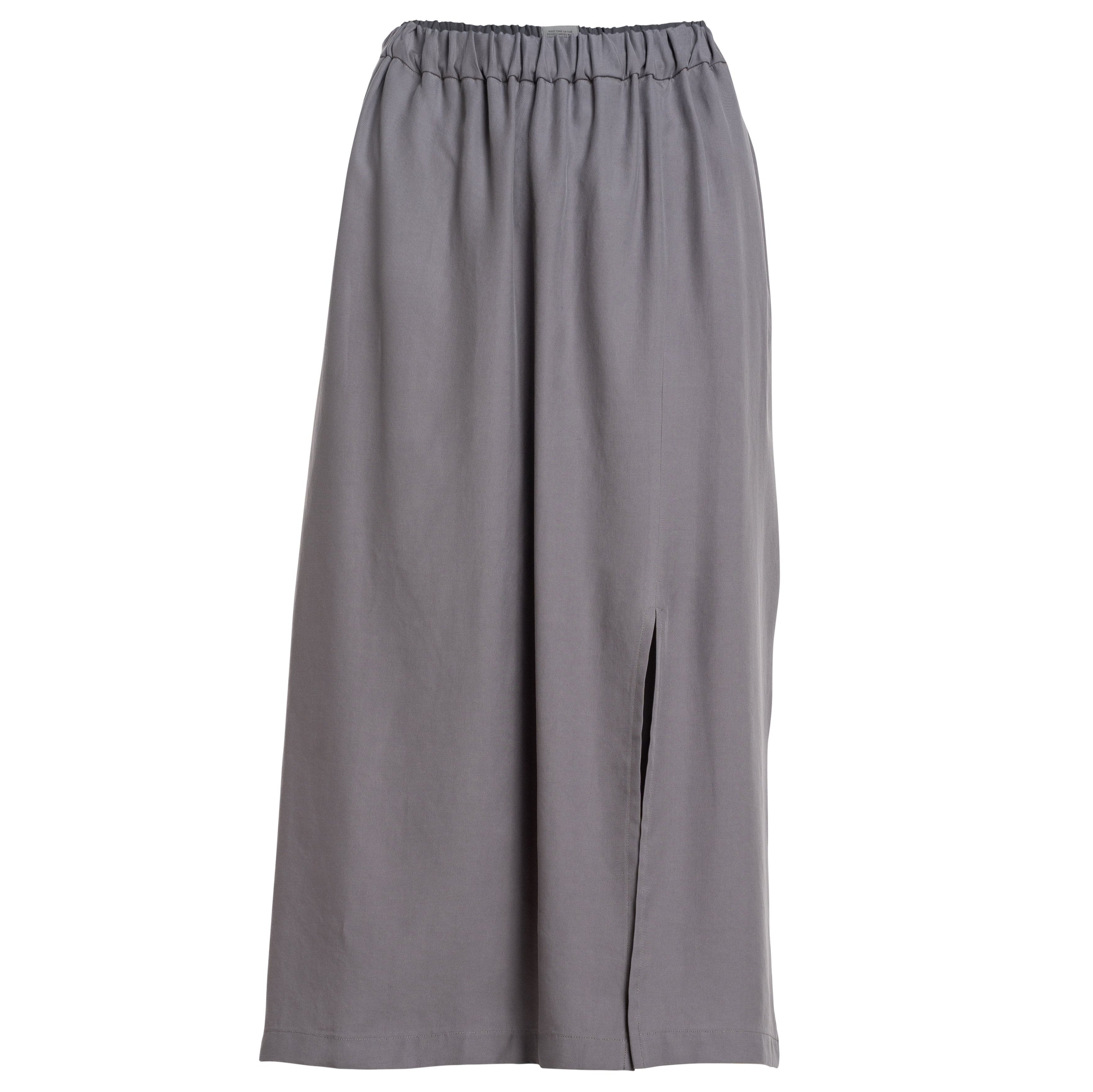 Langer grauer Rock mit elastischem Bund und seitlichem Schlitz.