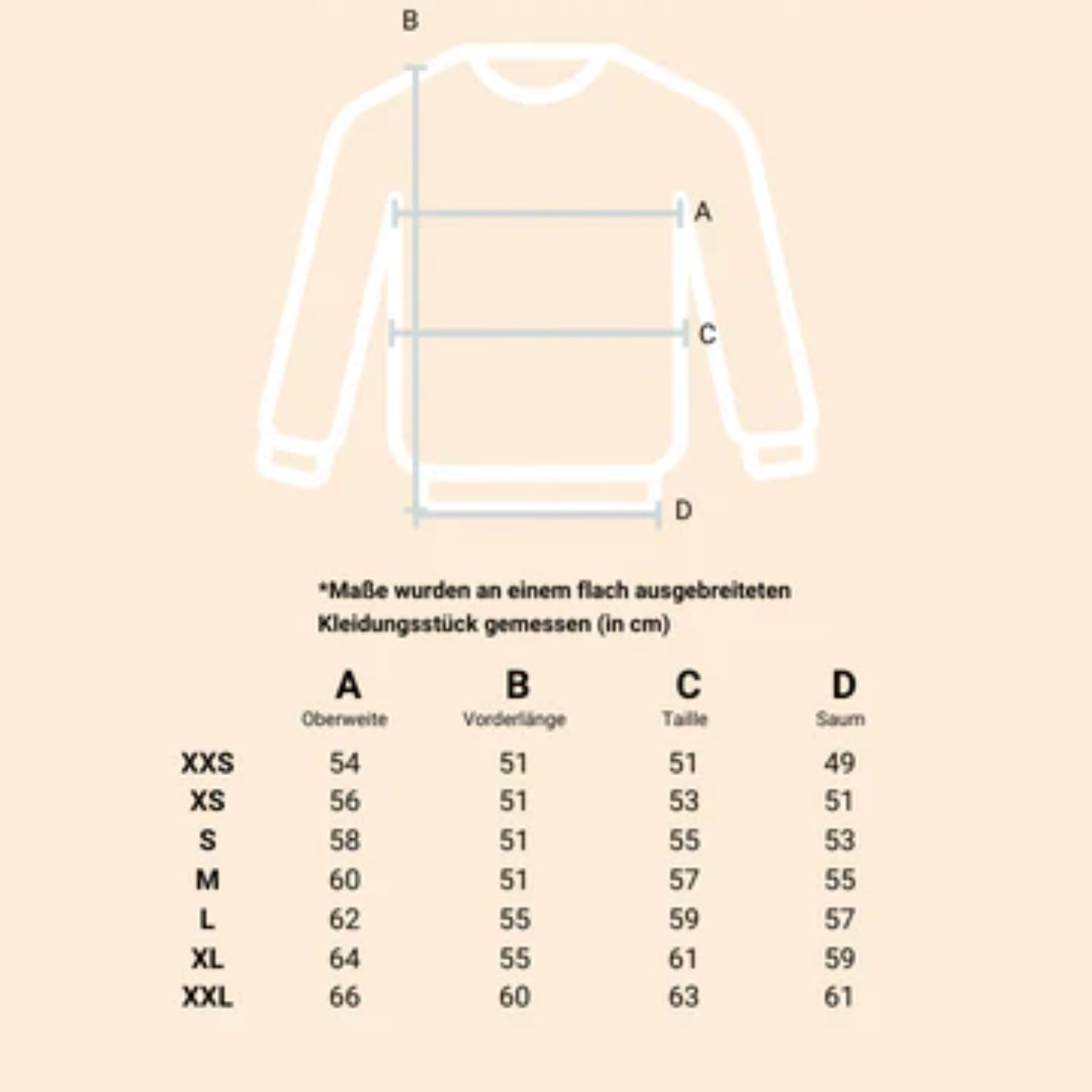 Größentabelle für ein Kleidungsstück mit Maßen für XXS bis XXL, Oberweite, Vorderlänge, Taille und Saum in cm.