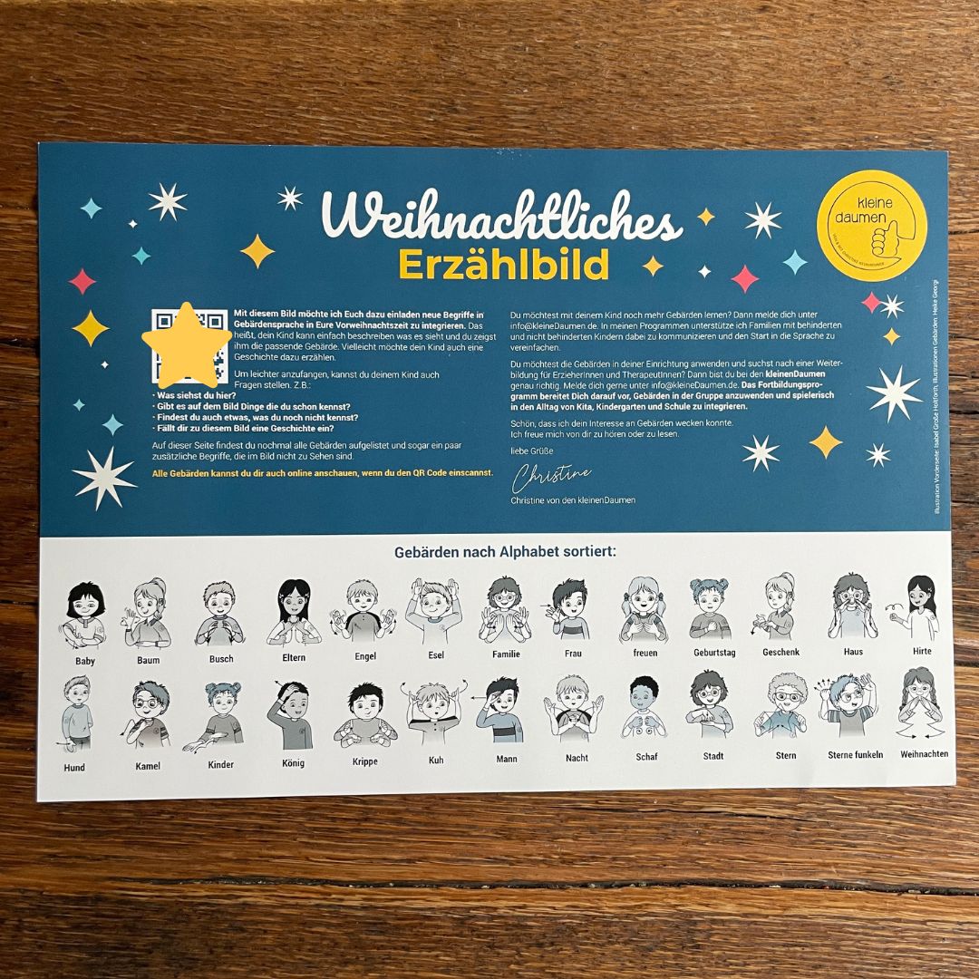 Ein deutsches Bildungsposter mit dem Titel Weihnachtliches Erzählbild mit illustrierten Anweisungen, einem QR-Code und Bildern von Menschen, die das deutsche Gebärdenalphabet für verschiedene weihnachtliche Wörter zeigen. Der Hintergrund ist blau mit Sternen.