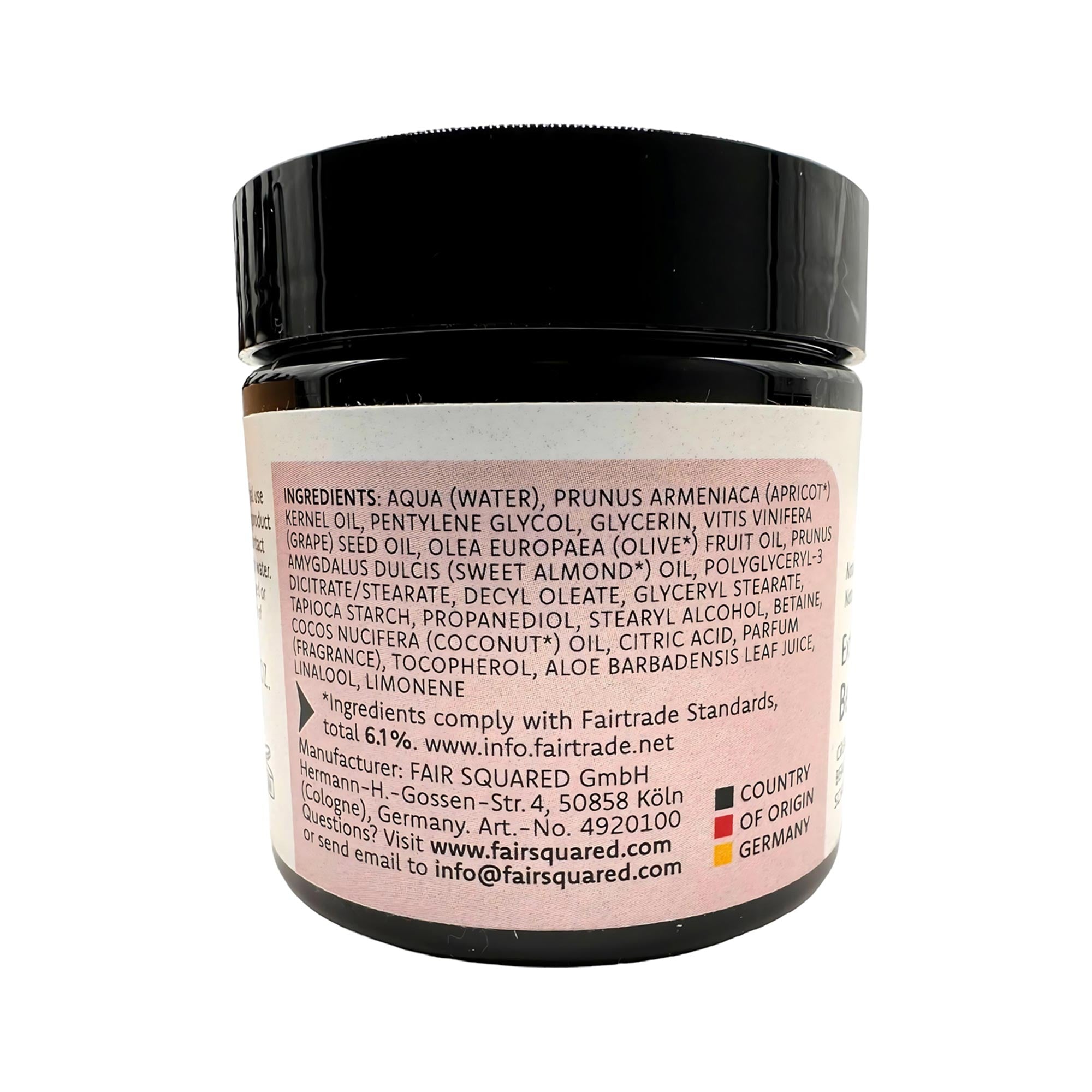 Ein schwarzer Kunststoffbehälter mit einem weißen Etikett.