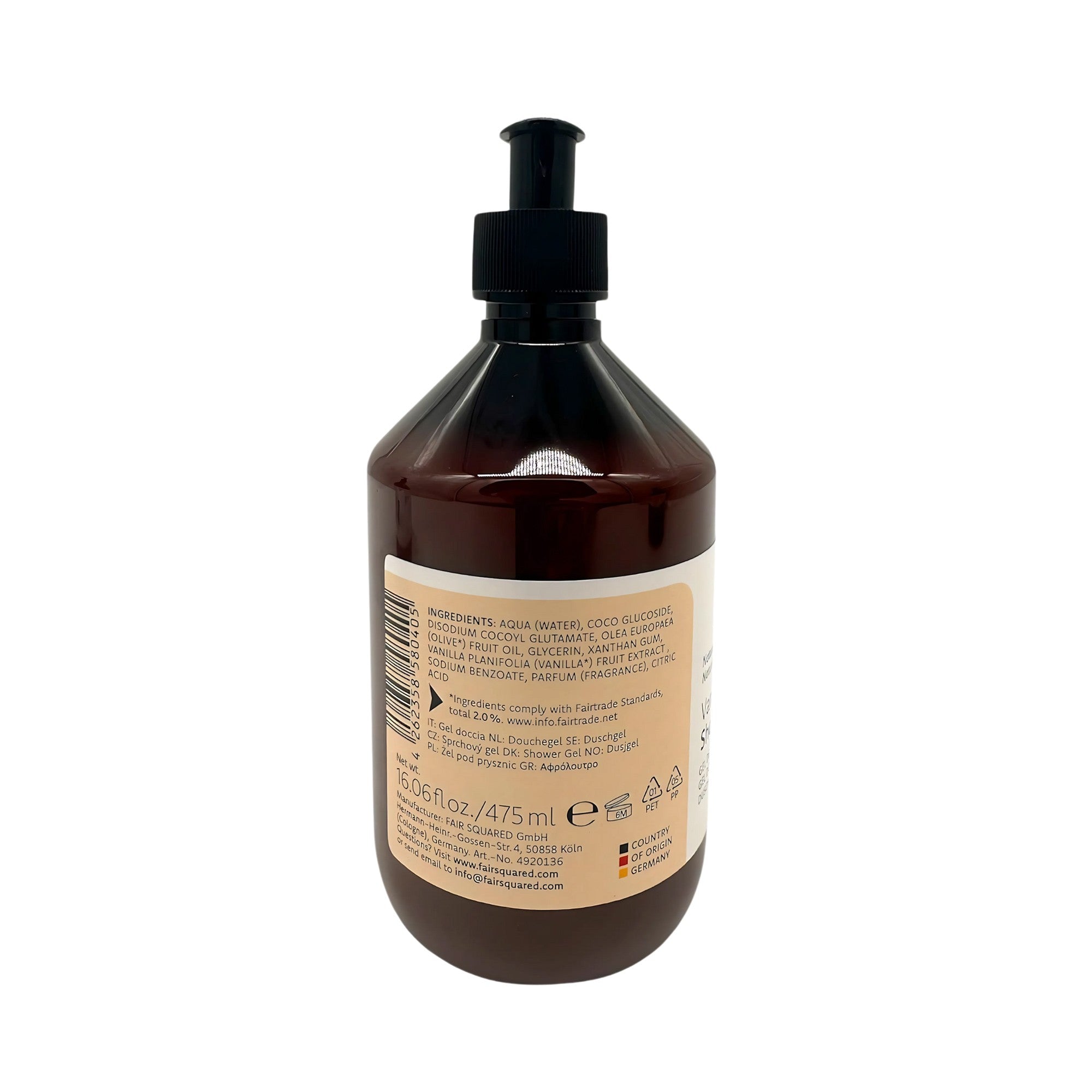 Eine braune Kunststoff-Pumpflasche mit einem beigen Etikett, auf dem die Inhaltsstoffe und Produktinformationen in schwarzer Schrift aufgeführt sind. Die Flasche enthält 475 ml (16,06 fl oz) Flüssigkeit.