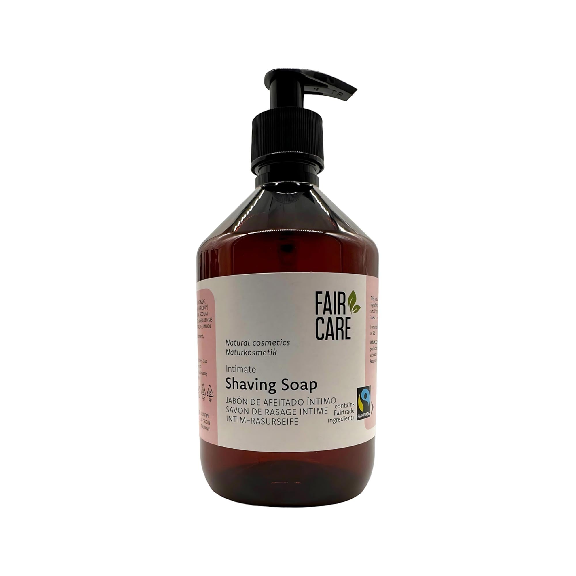 Eine braune Kunststoff-Pumpflasche mit der Aufschrift Fair Care Intimate Shaving Soap mit Text in mehreren Sprachen, Fairtrade-Logo und einem schwarzen Pumpspender auf der Oberseite.