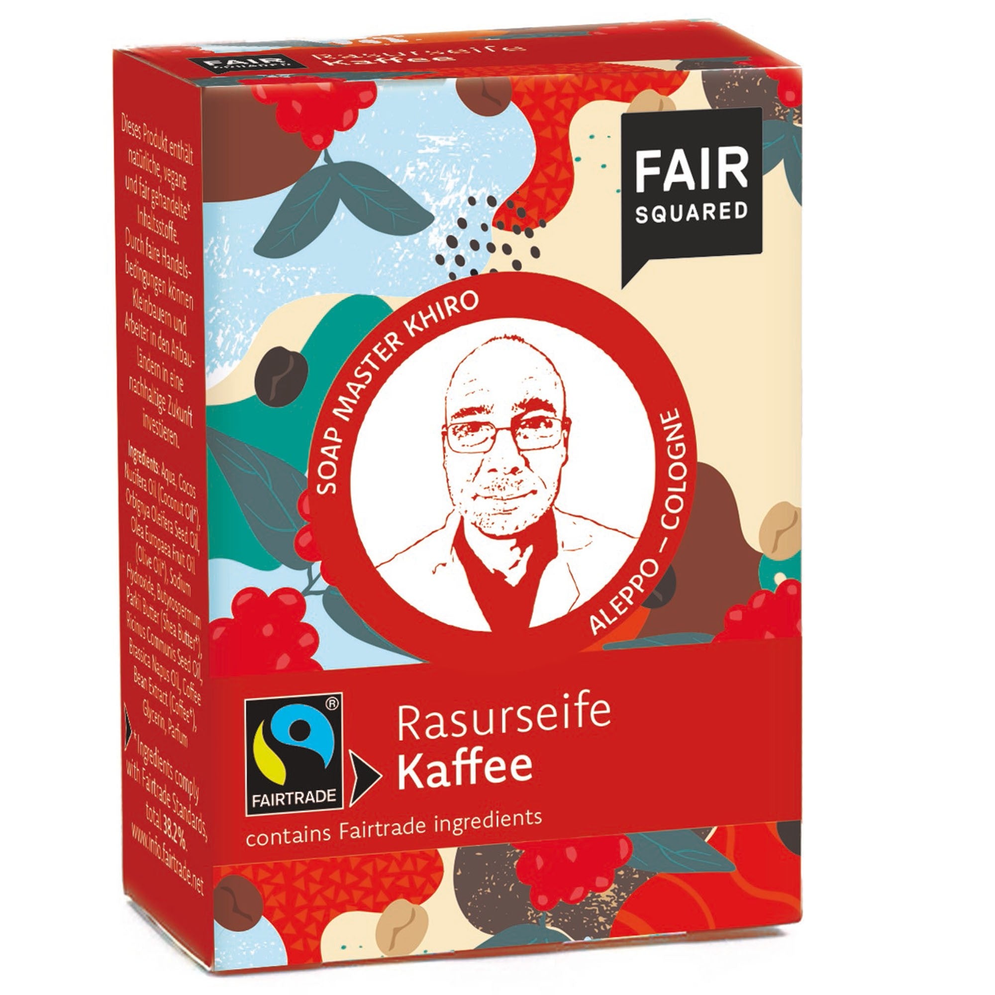 Die farbenfrohe Schachtel der Rasurseife FAIR SQUARED Rasurseife Kaffee zeigt ein illustriertes Porträt mit dem Namen des Seifenmeisters Khiro und dem Fairtrade-Logo. Die Verpackung ist mit abstrakten Kaffee- und Blattmotiven verziert.