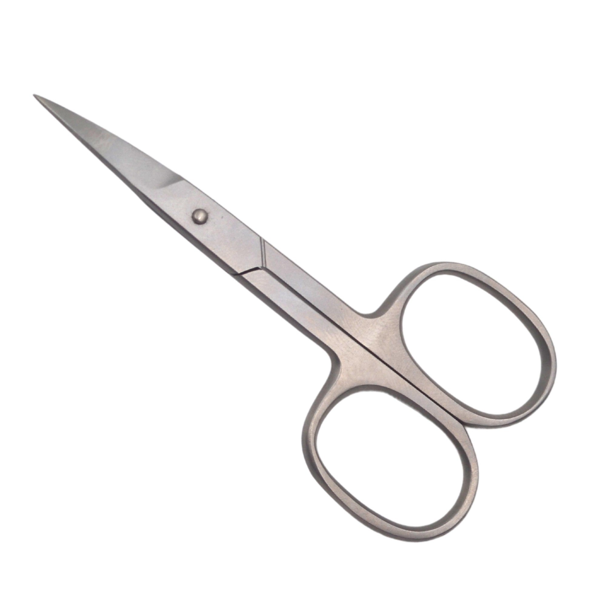 Eine kleine Schere aus rostfreiem Stahl mit scharfen, schmalen Klingen und zwei runden Grifflöchern, die normalerweise zum Schneiden von Nägeln oder Nagelhaut verwendet wird.