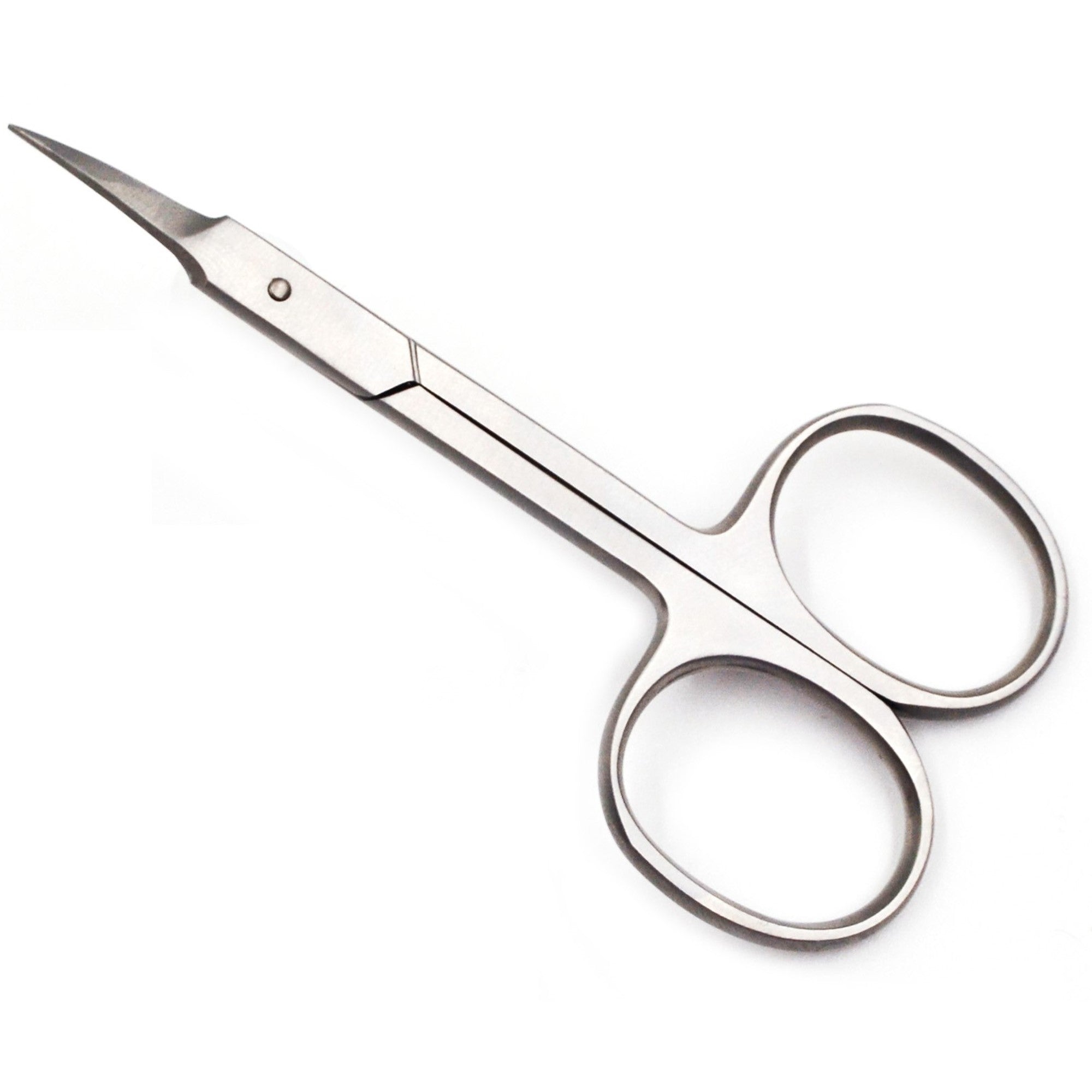 Eine kleine Schere aus rostfreiem Stahl mit dünnen, spitzen Klingen und zwei großen Grifflöchern, die üblicherweise zum Schneiden der Nägel oder der Nagelhaut verwendet wird.
