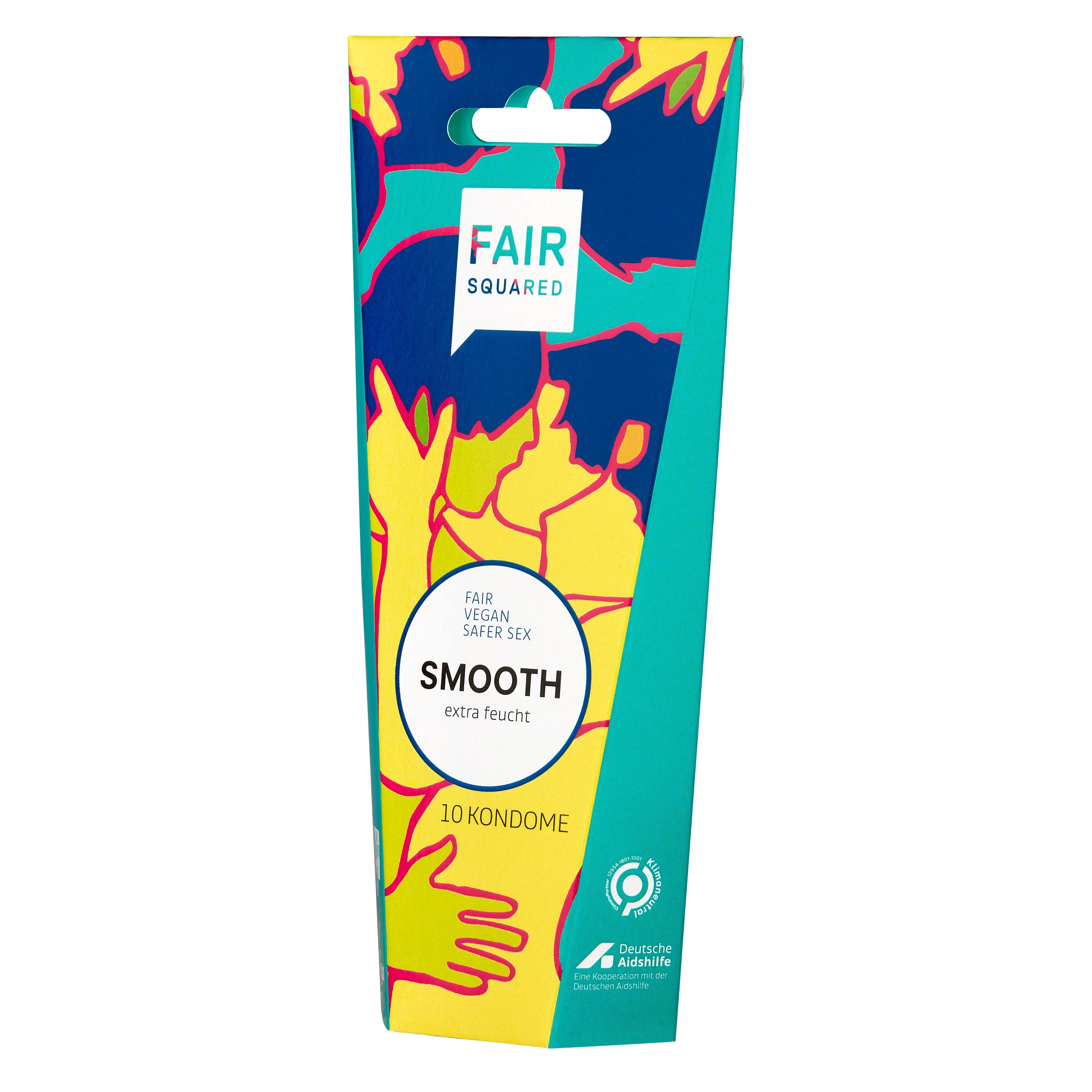 Eine farbenfrohe Schachtel Fair Squared Smooth veganer Kondome mit abstrakten gelben und blauen Motiven, mit dem Text Fair Vegan Safer Sex und 10 Kondome.
