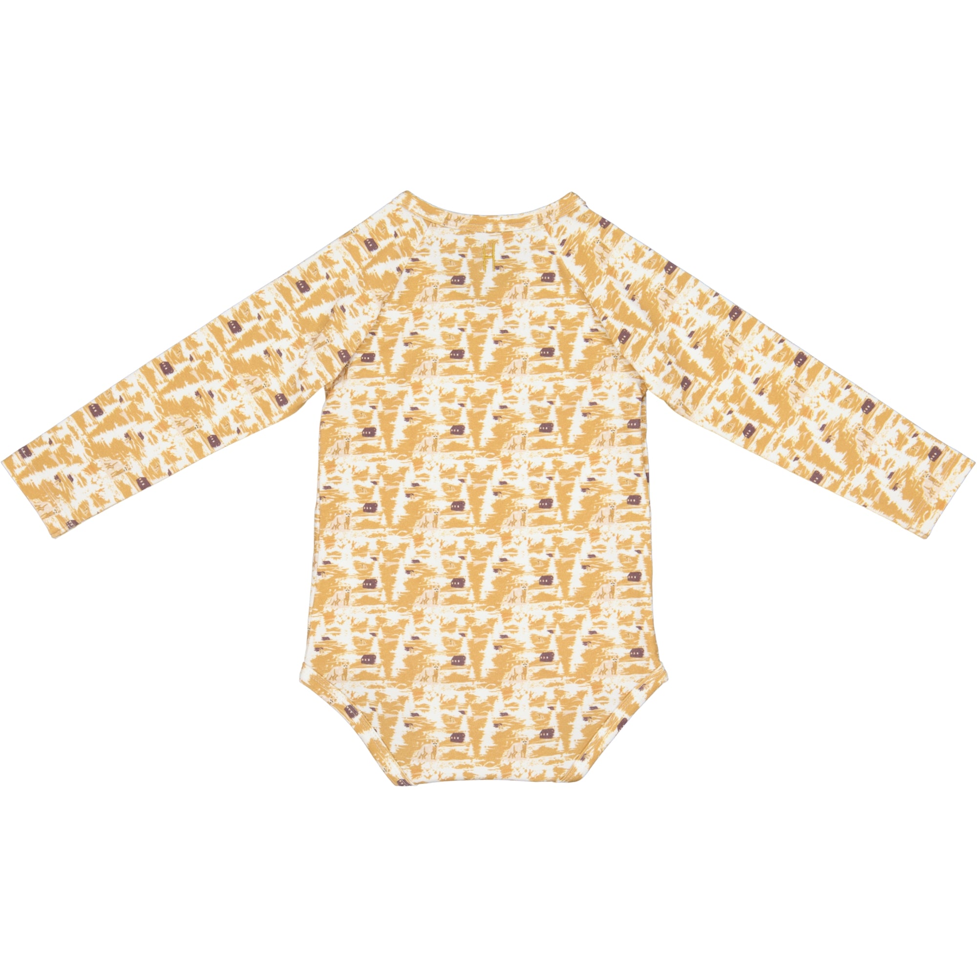 Langärmeliger Baby-Body mit abstraktem gelb-weißem Muster, der flach mit ausgestreckten Armen und dem Rücken nach oben getragen wird.