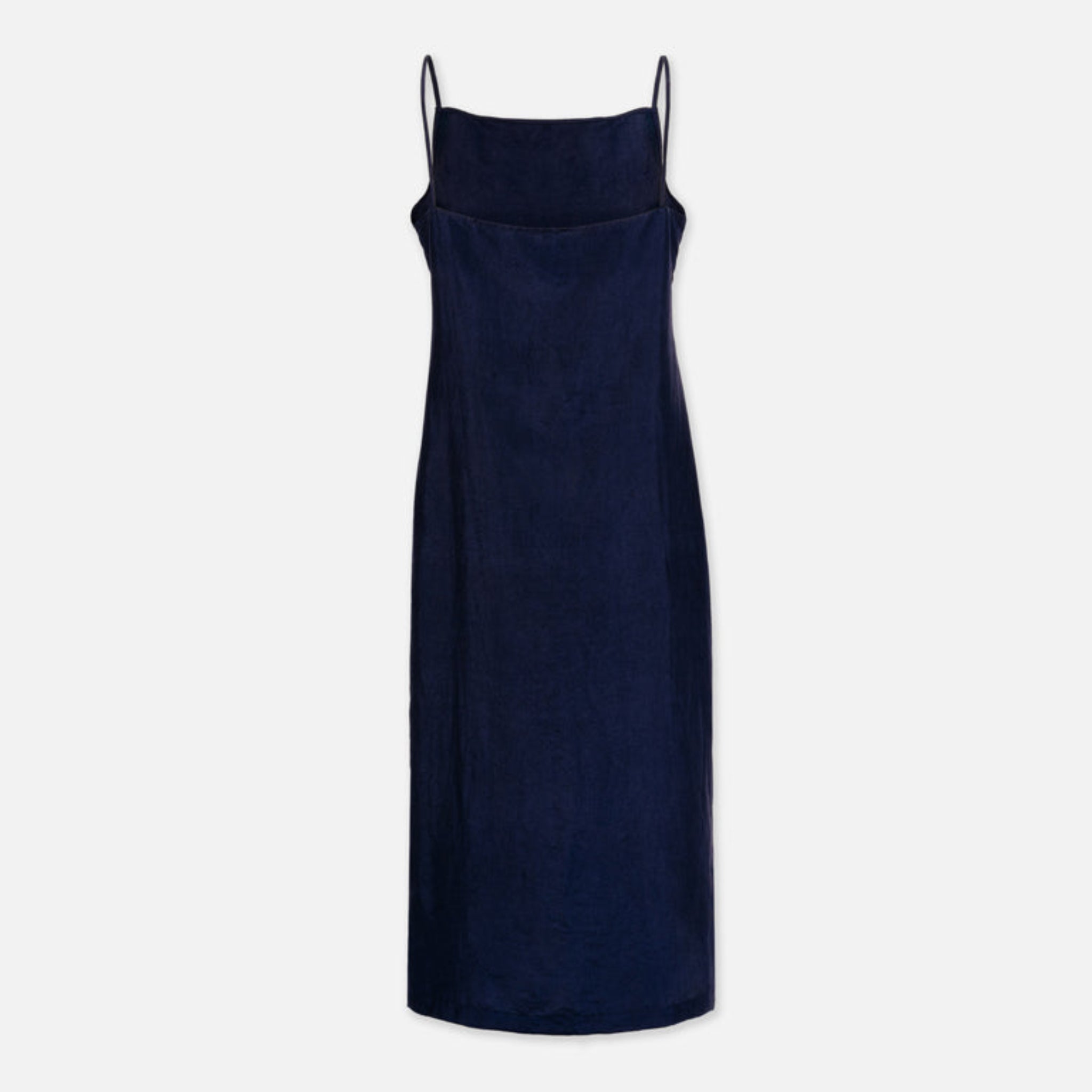 Dunkelblaues, ärmelloses Kleid mit schmalen Trägern vor weißem Hintergrund.