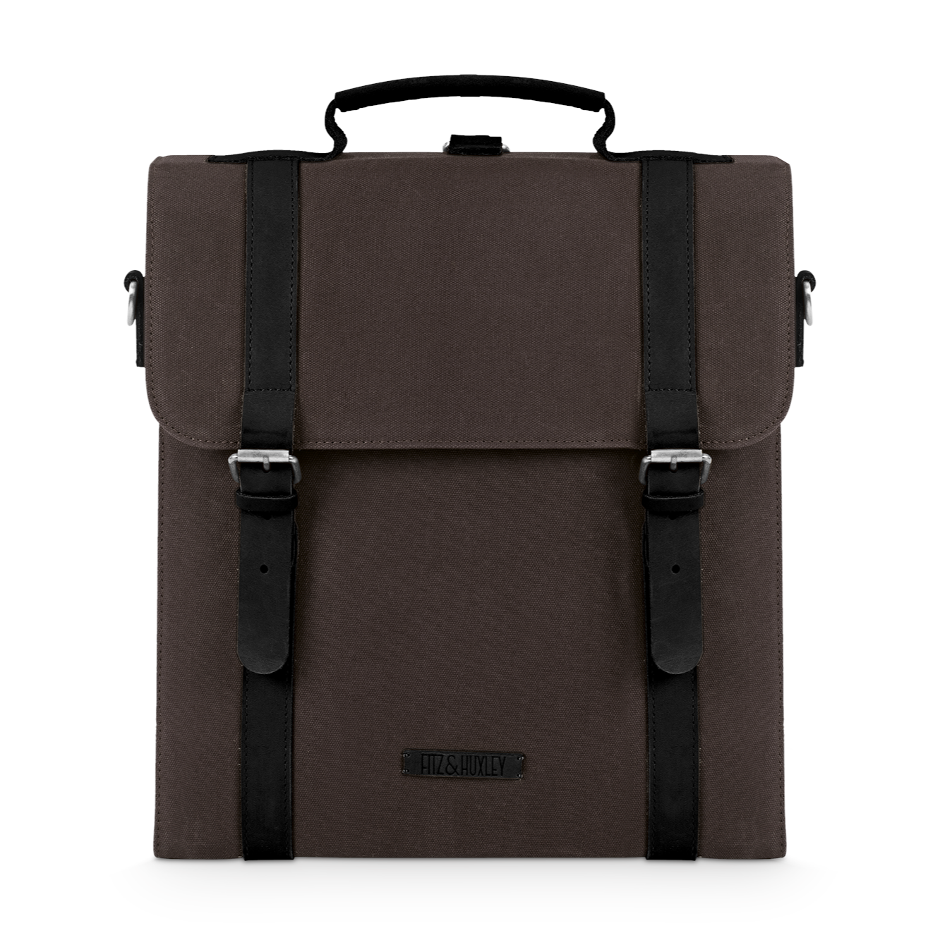 Brauner Rucksack mit schwarzen Lederriemen und Tragegriff, schlichtes Design, auf weißem Hintergrund.