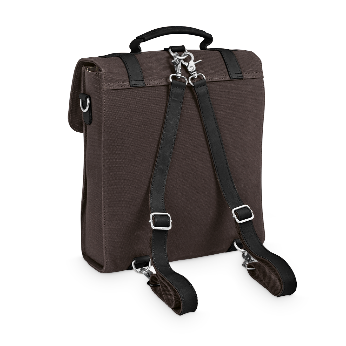 Brauner Rucksack mit schwarzen Trägern und Schnallen, aufrecht stehend, mit einem Tragegriff oben.