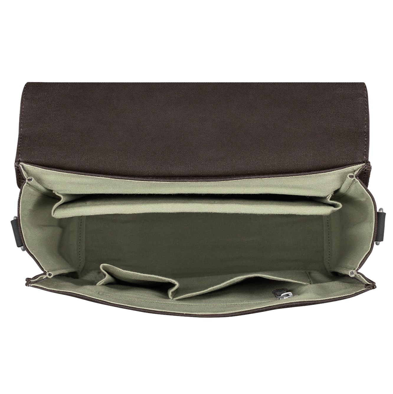 Geöffnete braune Tasche mit zwei großen Fächern und einem kleineren Fach innen, auf weißem Hintergrund.