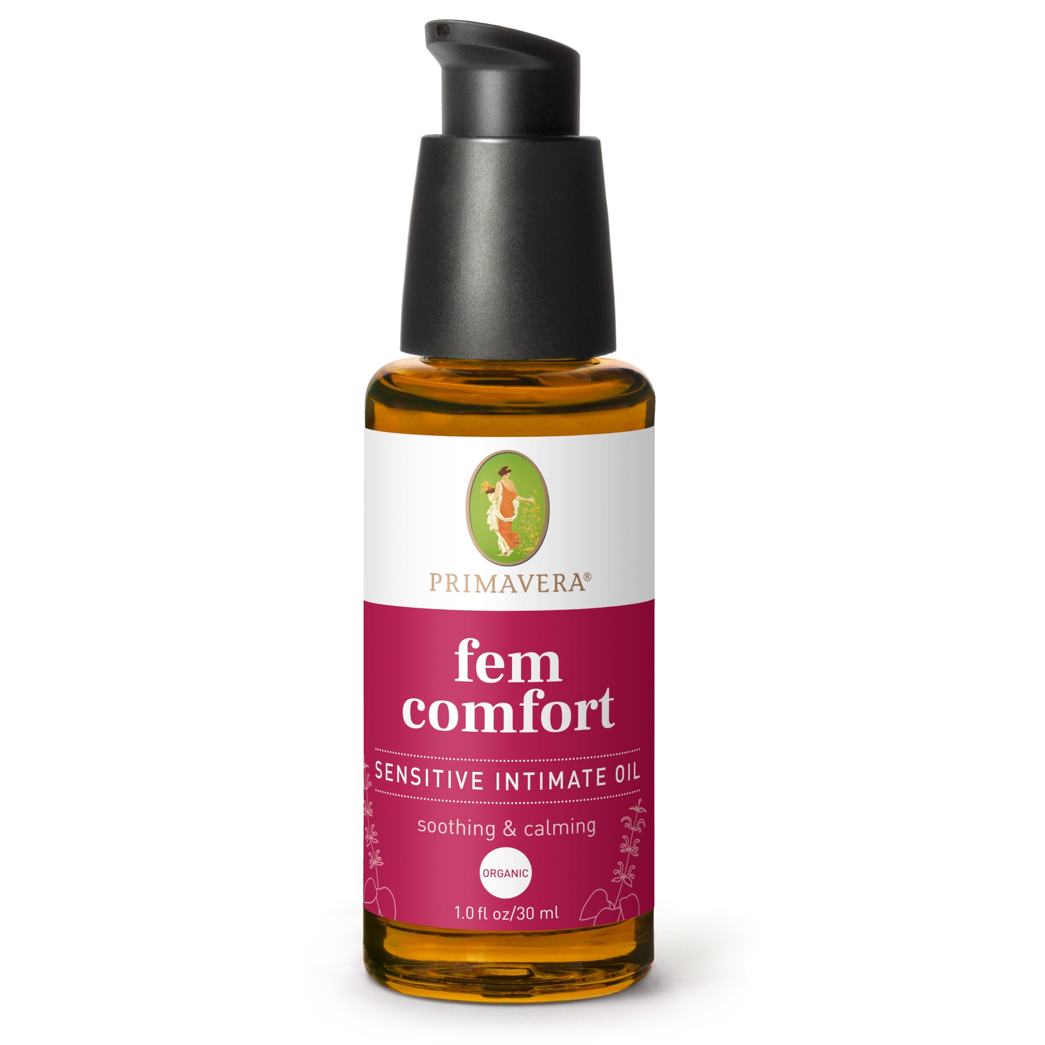 Eine 30-ml-Flasche Primavera Fem Comfort Sensitive Intimöl mit einem Pumpspender. Das Etikett ist weiß und rosa, was darauf hinweist, dass es beruhigend, besänftigend, biologisch und für empfindliche Bereiche bestimmt ist.