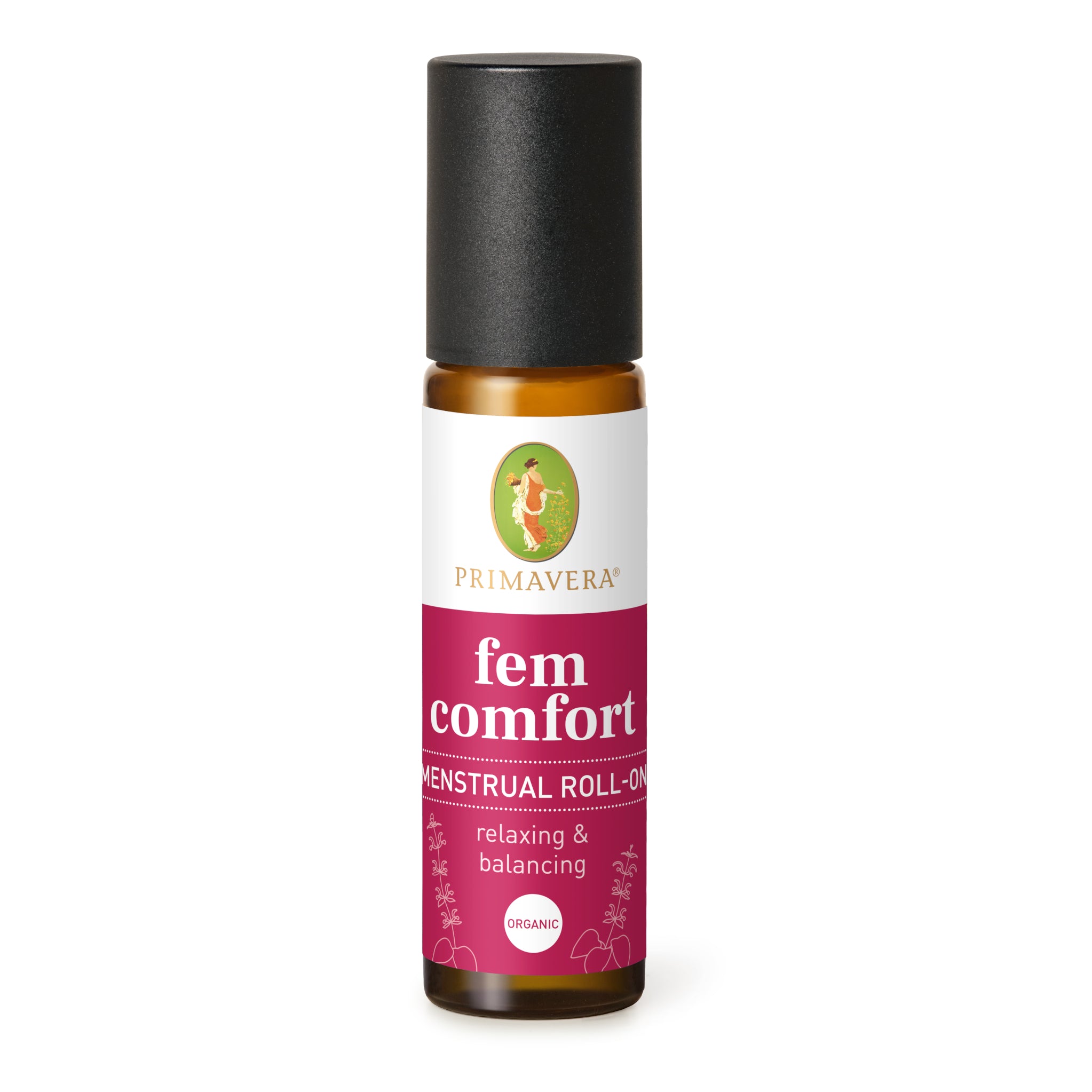Eine kleine braune Glasflasche mit einer schwarzen Kappe mit der Aufschrift Primavera fem comfort Menstrual Roll-On, entspannend & ausgleichend, biologisch. Das Etikett ist weiß und magenta mit einem Logo an der Spitze.