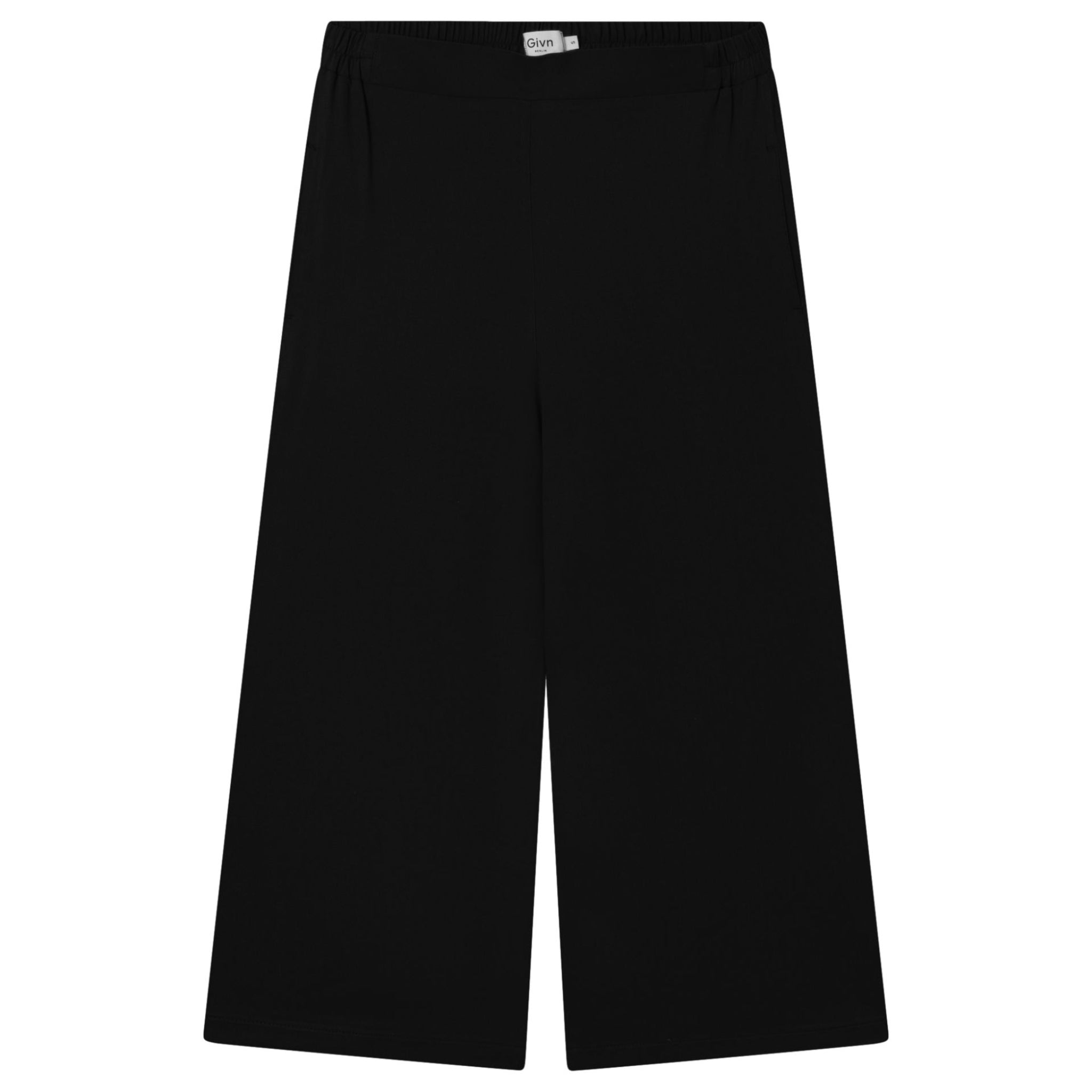 Schwarze, weit geschnittene Hose mit einem elastischen Bund, auf weißem Hintergrund fotografiert.