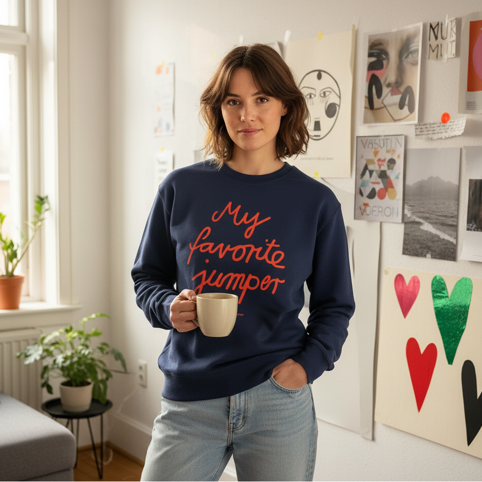 Eine Frau steht in einem gemütlichen, mit Kunst gefüllten Raum und hält eine Tasse. Sie trägt ein marineblaues Sweatshirt mit My favorite jumper in roter Schrift und hat eine Hand in der Jeanstasche. Kunstdrucke und bunte Herzen schmücken die Wand hinter ihr.