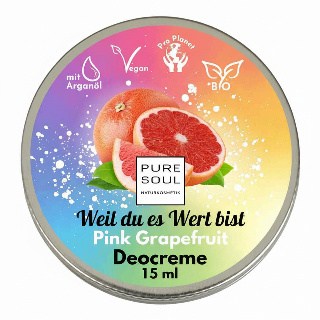 Eine runde Dose mit Naturkosmetik von Pure Soul, beschriftet mit Pink Grapefruit Deocreme (15 ml), mit einem Grapefruit-Bild, Vegan- und Bio-Symbolen und einem farbigen Hintergrund mit Farbverlauf. Der Text ist auf Deutsch.