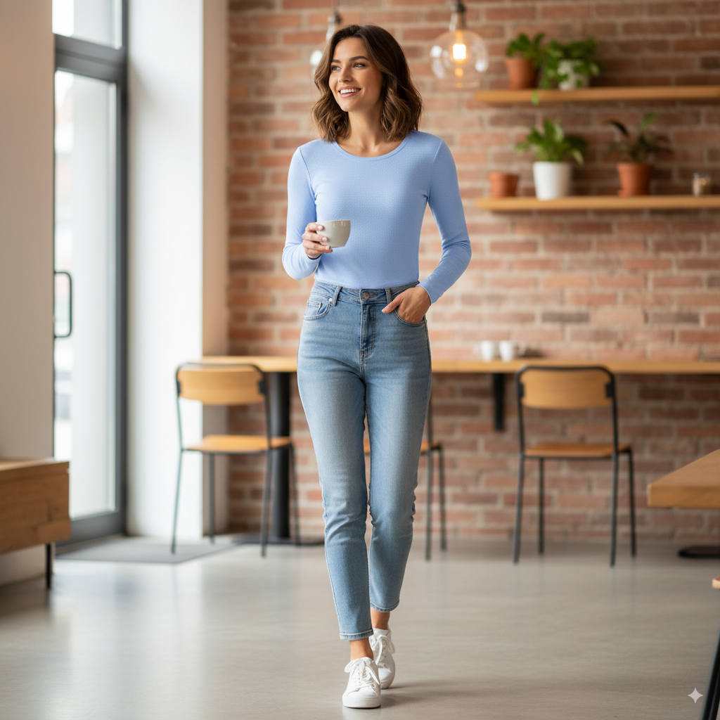 Eine lächelnde Frau in einem hellblauen, langärmeligen Hemd und Jeans hält eine Kaffeetasse, während sie durch ein modernes, gemütliches Café mit Backsteinwänden, Holzstühlen und Topfpflanzen geht.