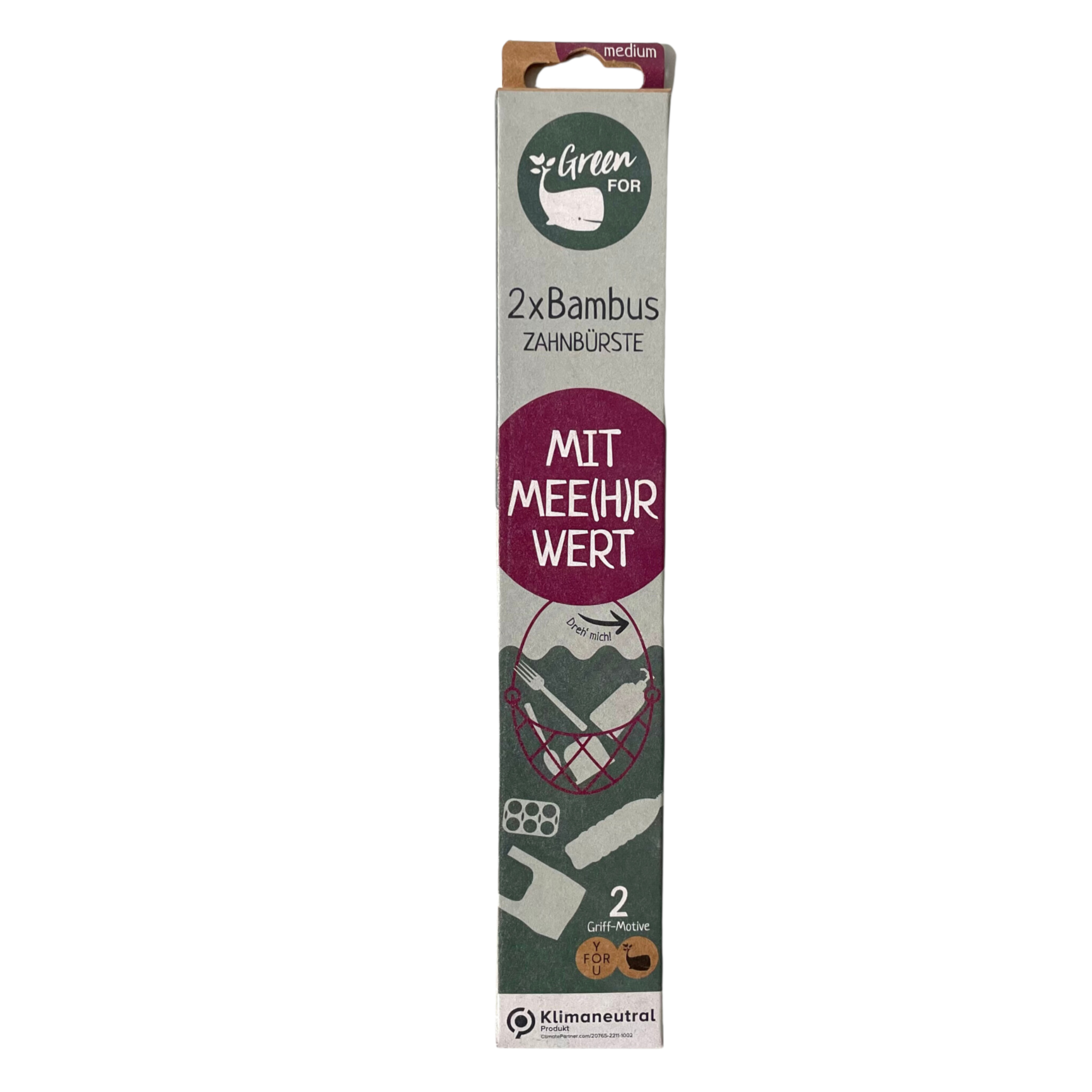 Verpackung von zwei Bambuszahnbürsten, mittel, klimaneutral, mit Fischernetzmotiv und Aufschrift: "MIT MEE(H)R WERT".