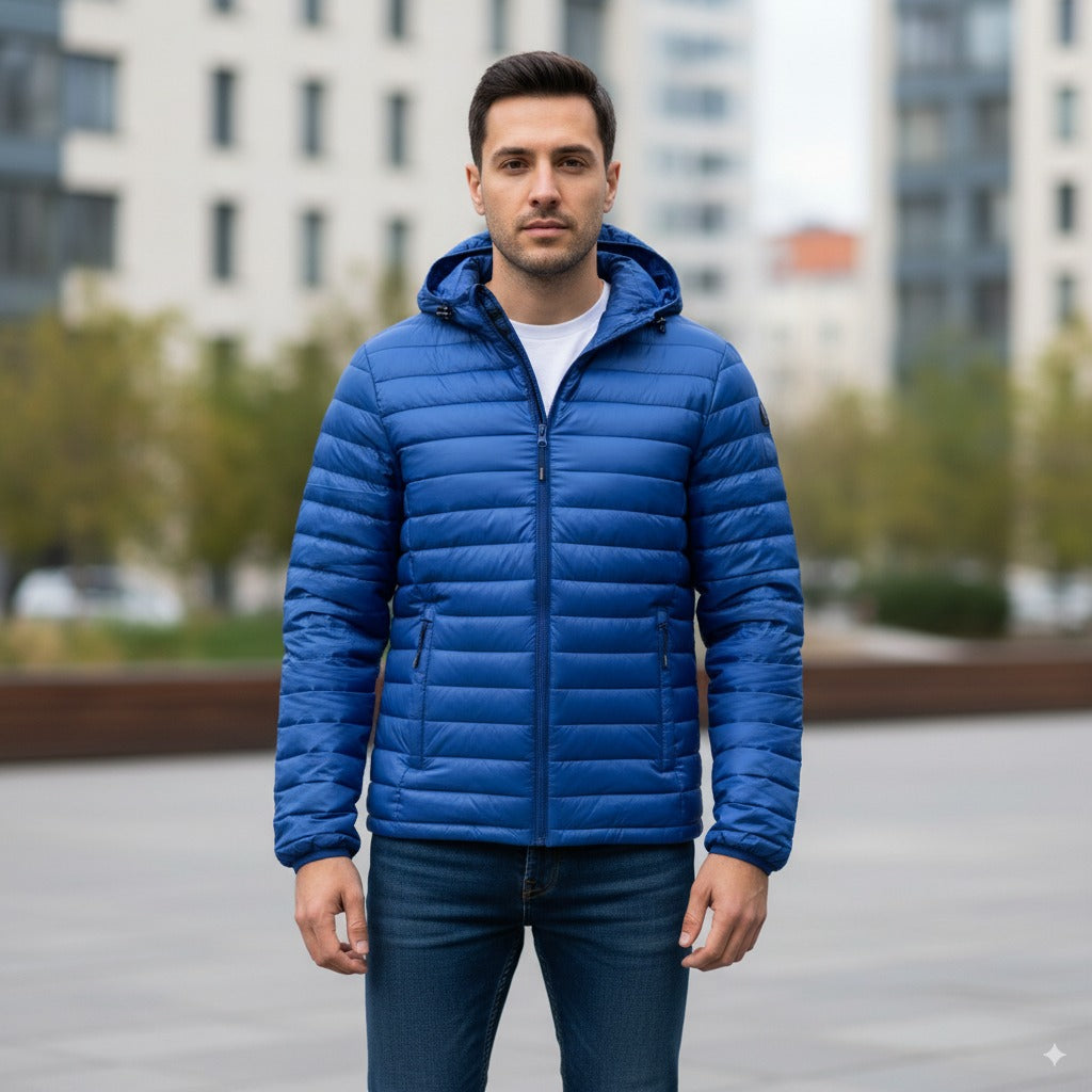 Ein Mann in blauer Pufferjacke und Jeans steht im Freien in einem städtischen Gebiet mit modernen Gebäuden im Hintergrund.