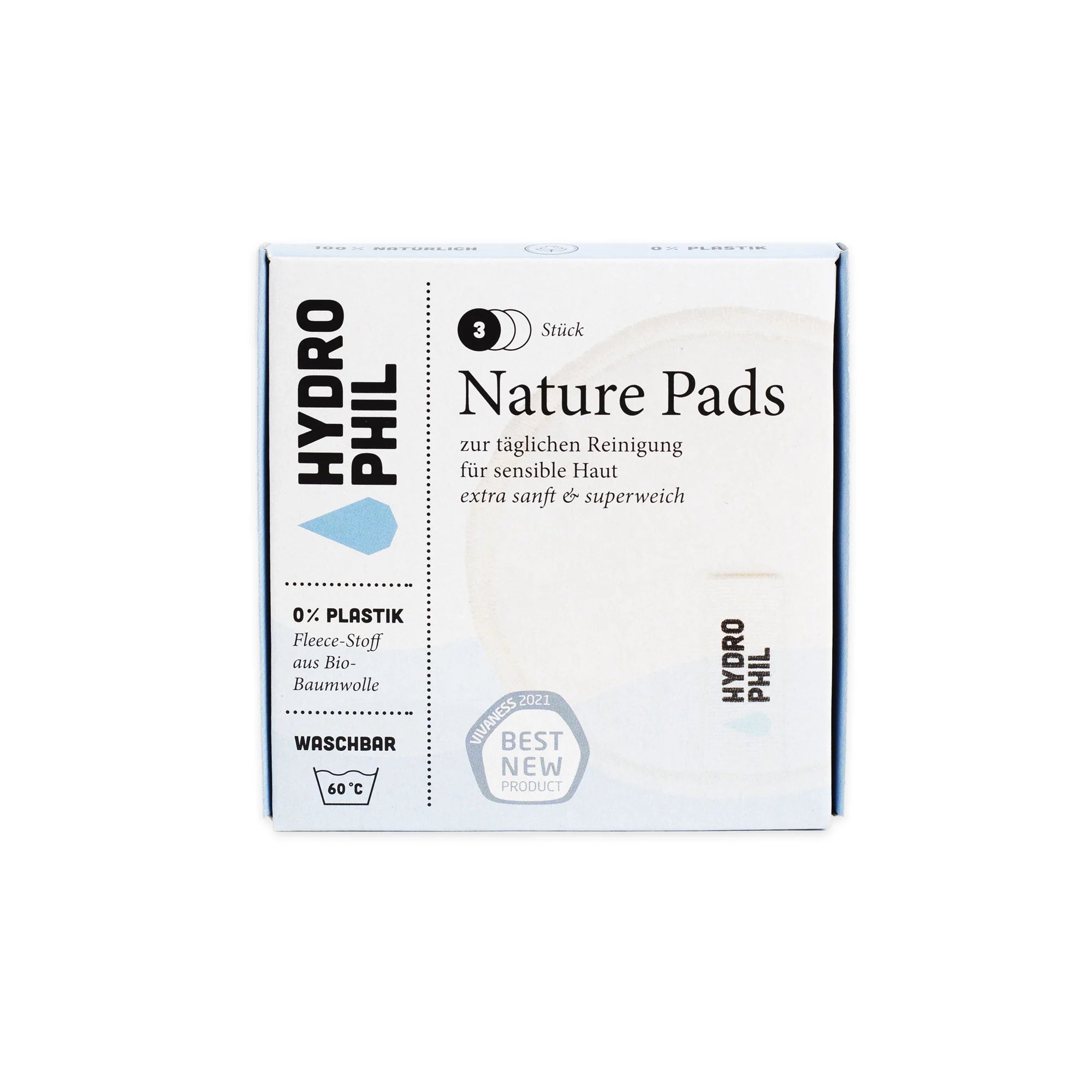 Eine blau-weiße Schachtel mit der Aufschrift HYDROPHIL Nature Pads enthält 3 wiederverwendbare Pads für empfindliche Haut. Die Verpackung hebt hervor, dass die Pads extra weich sind, aus Bio-Baumwolle bestehen und als bestes neues Produkt ausgezeichnet wurden.