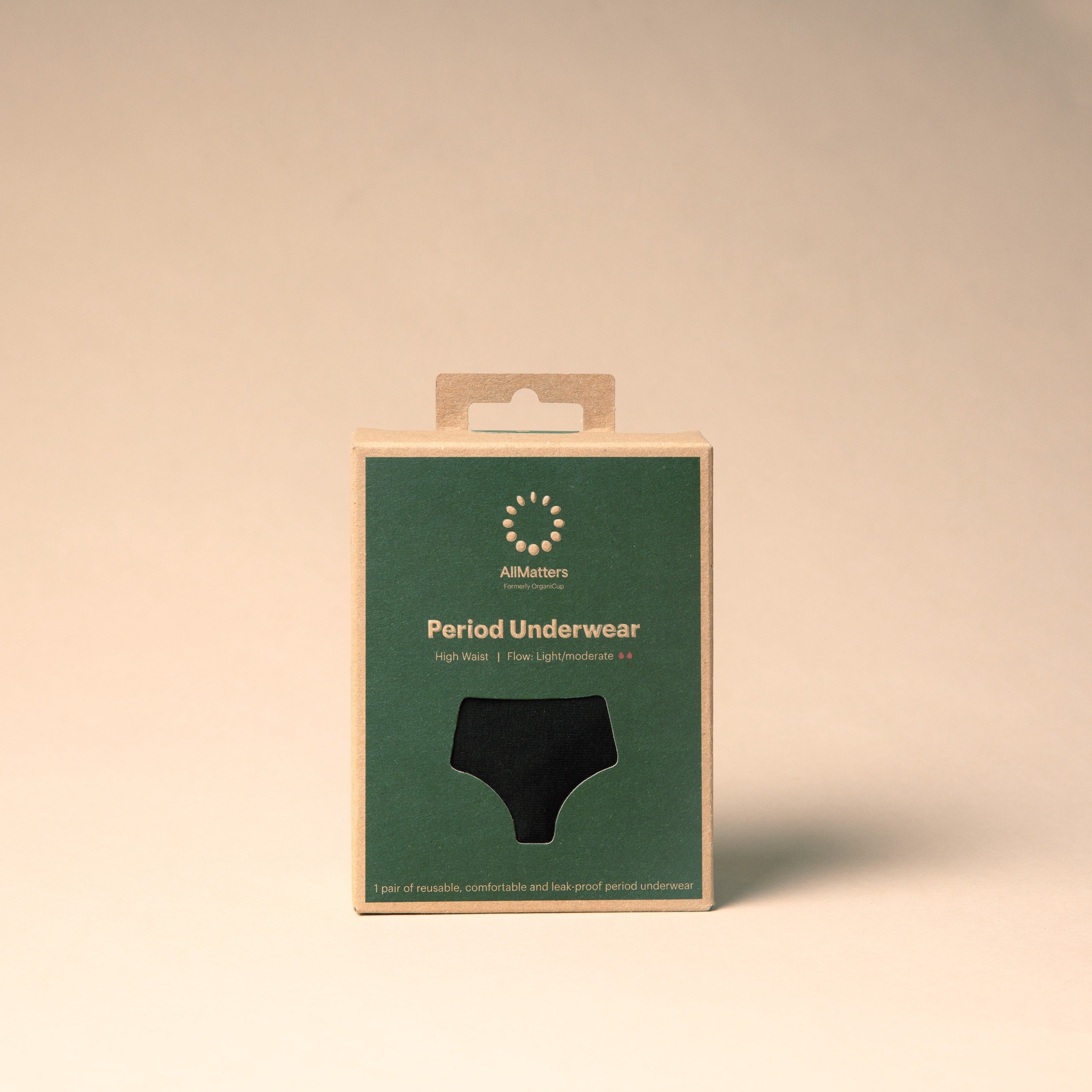 Verpackung von "AllMatters" Menstruationsunterwäsche mit Beschreibung: "High Waist, Flow: Light/Moderate".