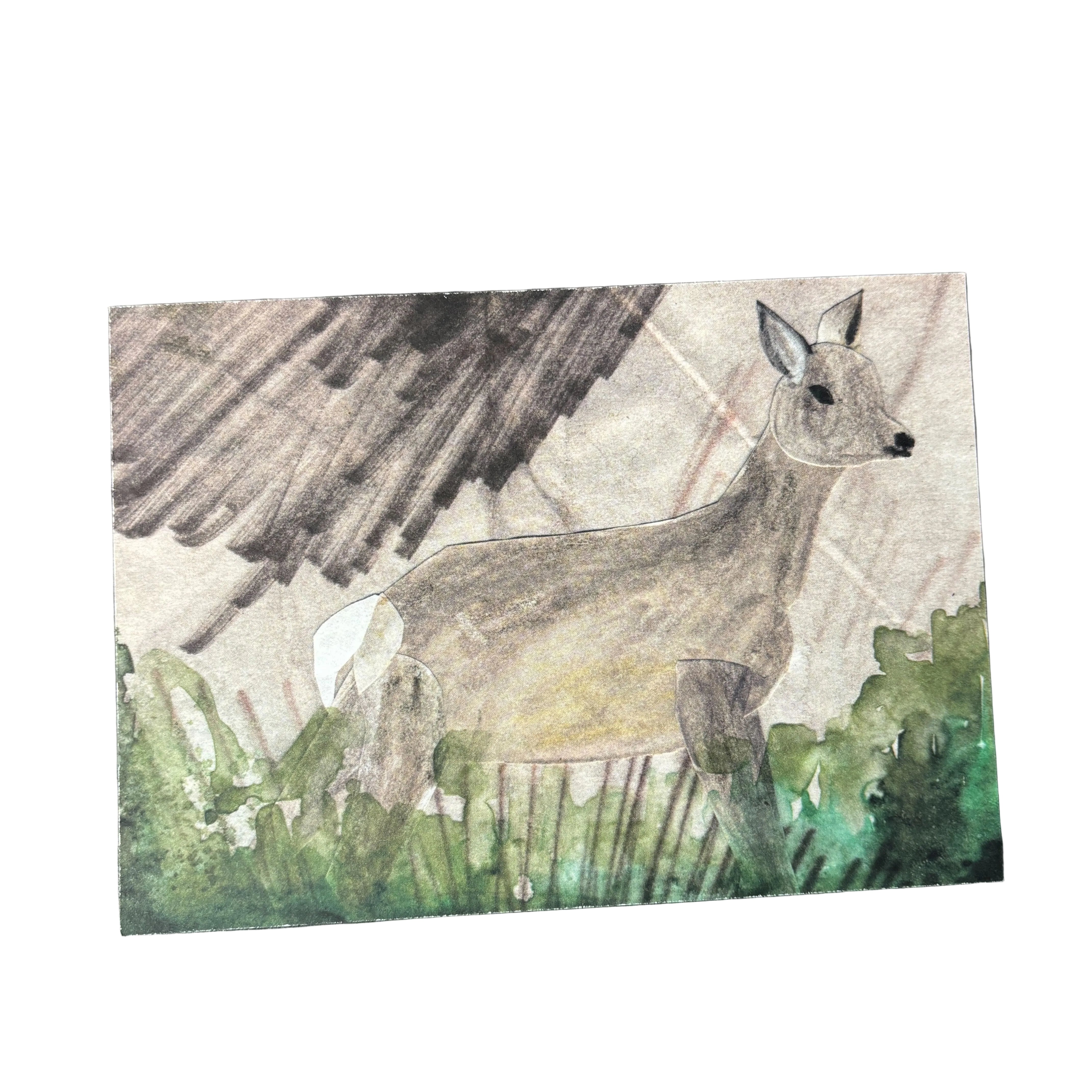 Eine aquarellartige Zeichnung eines Rehs, das zwischen grünen Büschen steht, mit einem grauen und braunen Hintergrund, der an einen bedeckten Himmel oder eine Waldlandschaft erinnert.