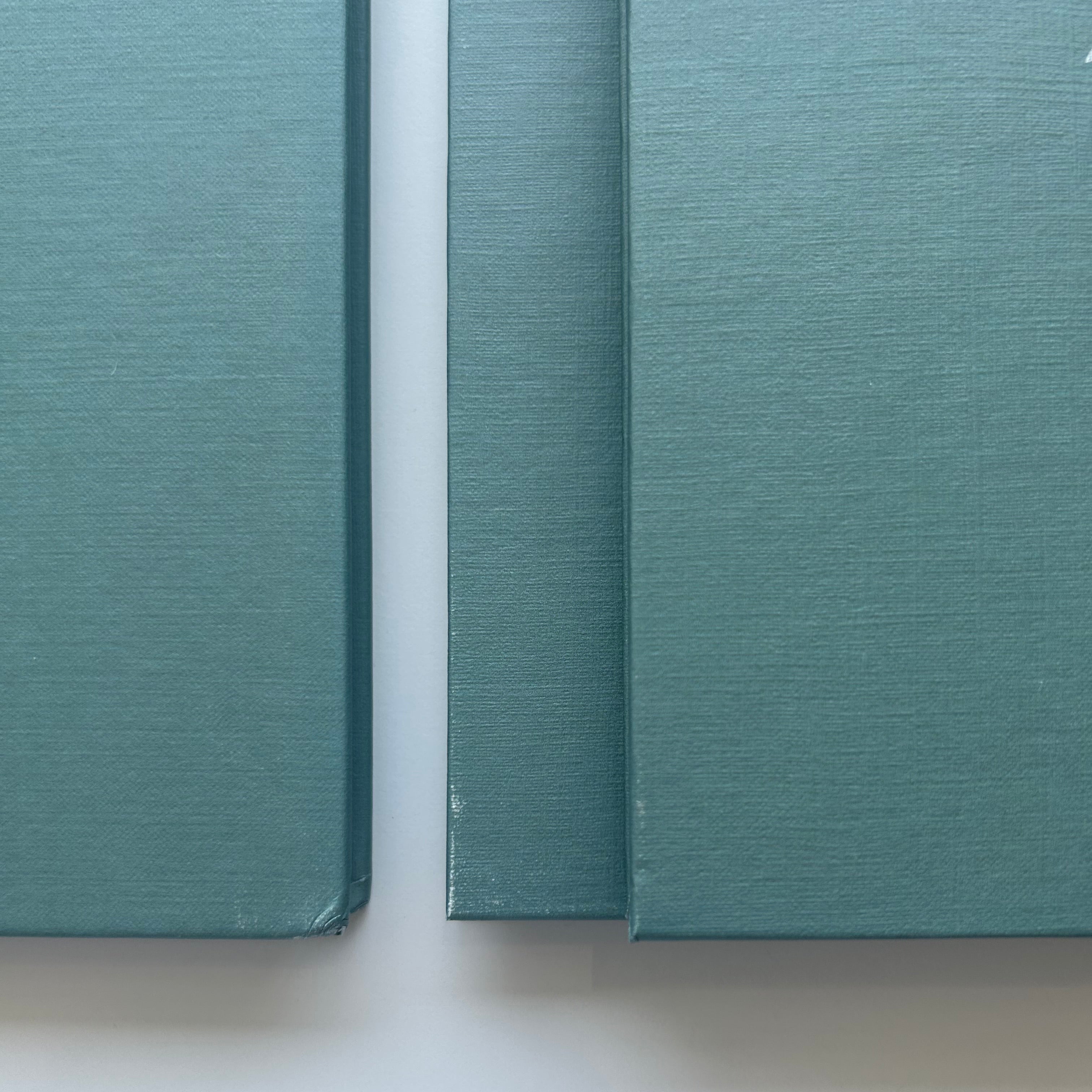 Zwei tealfarbene Hardcover-Bücher stehen auf einer weißen Fläche, wobei sich die Einbände und Buchrücken teilweise überlappen und vertikal ausgerichtet sind. Die Bücher haben eine strukturierte Oberfläche.