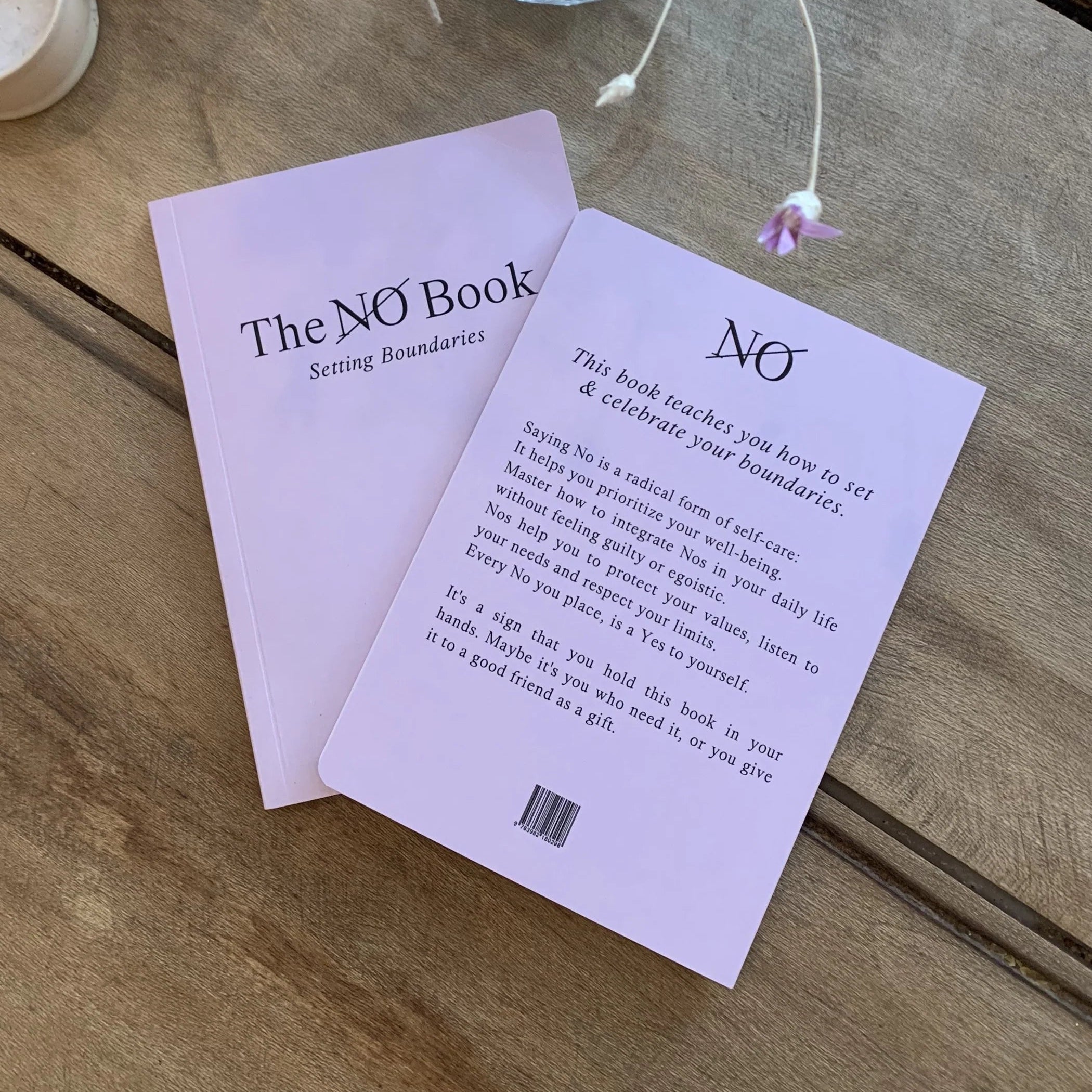 Zwei rosa Bücher mit dem Titel Das NEIN-Buch: Grenzen setzen" liegen auf einem Holztisch neben einer Vase mit Blumen, einer kleinen Topfpflanze und einer Kerze. Das Buch erklärt, wie man Nein sagt und Grenzen setzt.