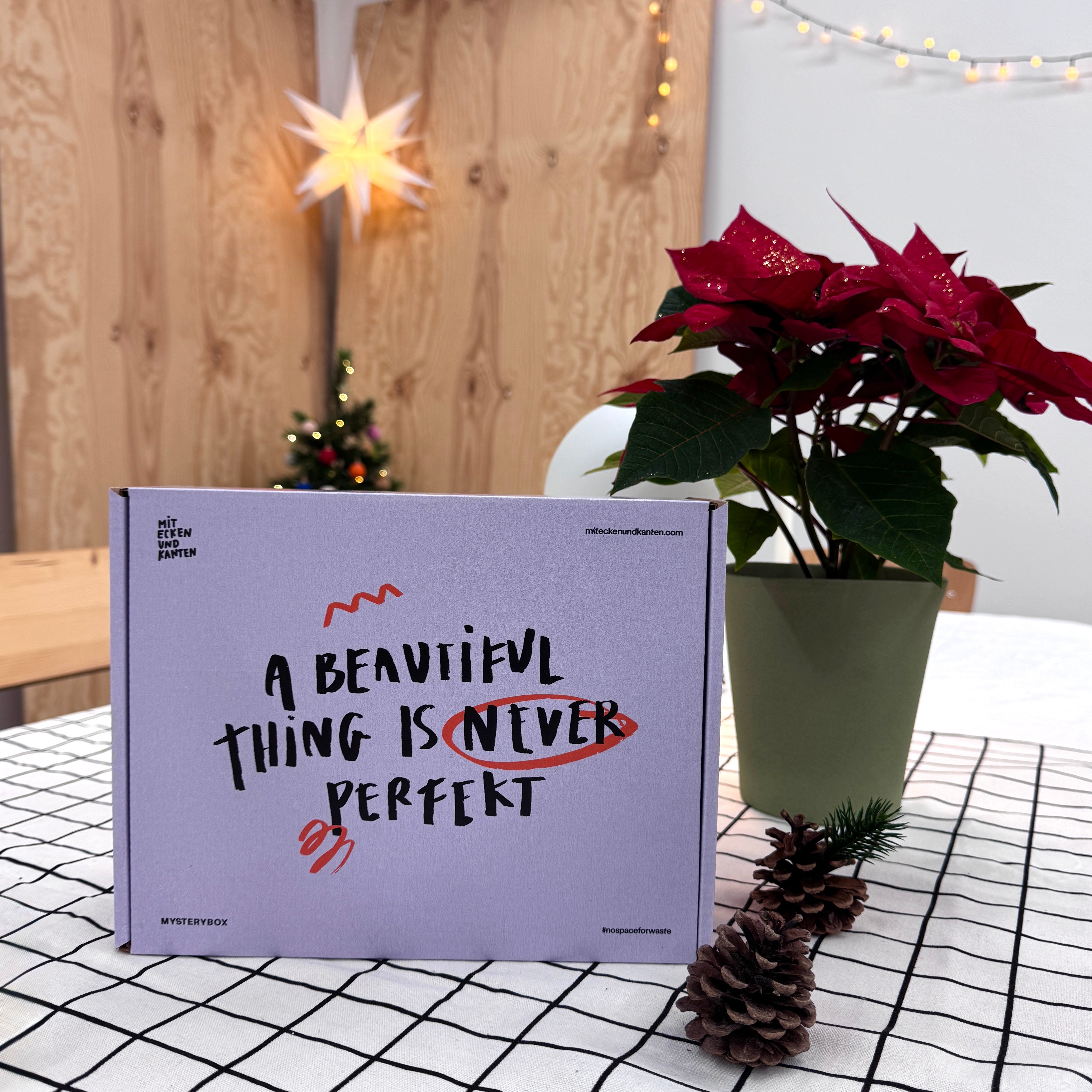 Eine lavendelfarbene Schachtel mit der Aufschrift A beautiful thing is never perfect steht auf einem Tisch neben einem getopften Weihnachtsstern, einem Tannenzapfen und festlicher Dekoration im Hintergrund.