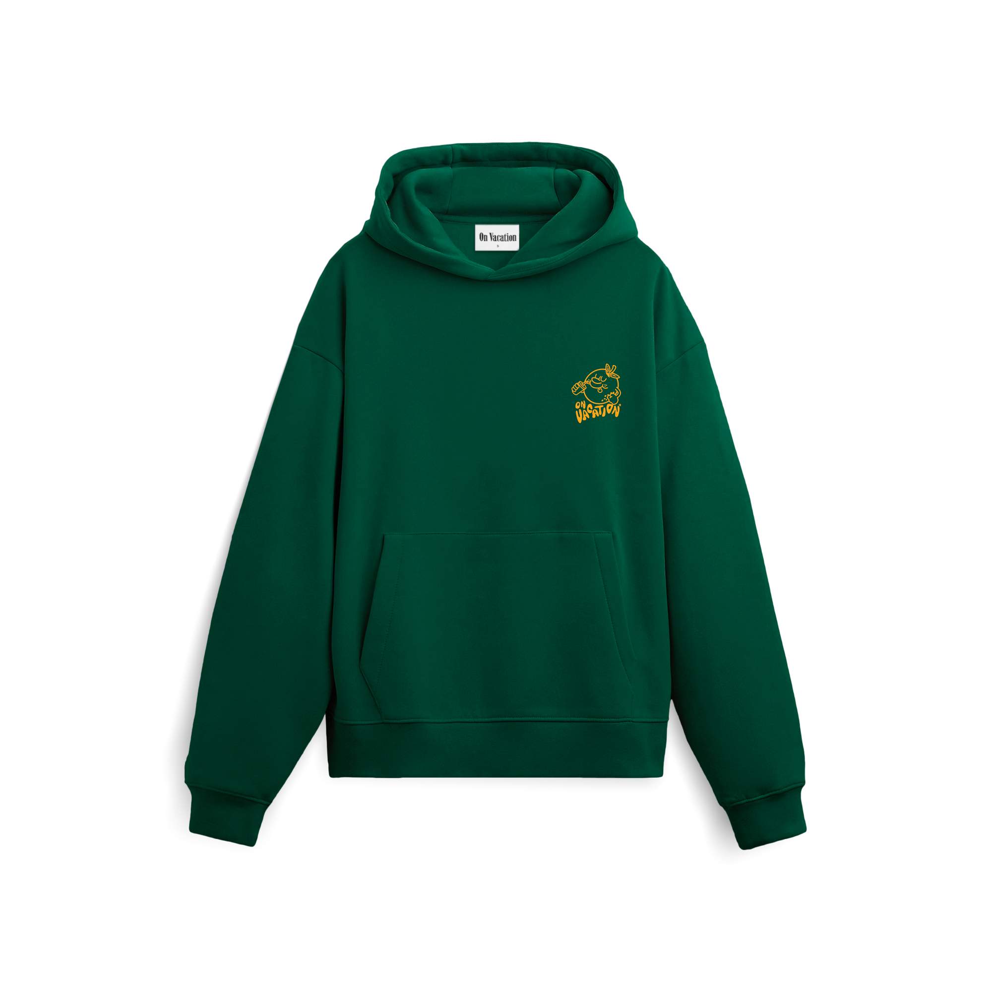 Ein dunkelgrüner Kapuzenpulli mit Fronttasche und Kapuze, mit einer kleinen gelben Fischgrafik und dem Wort Howdy auf der linken Brustseite.