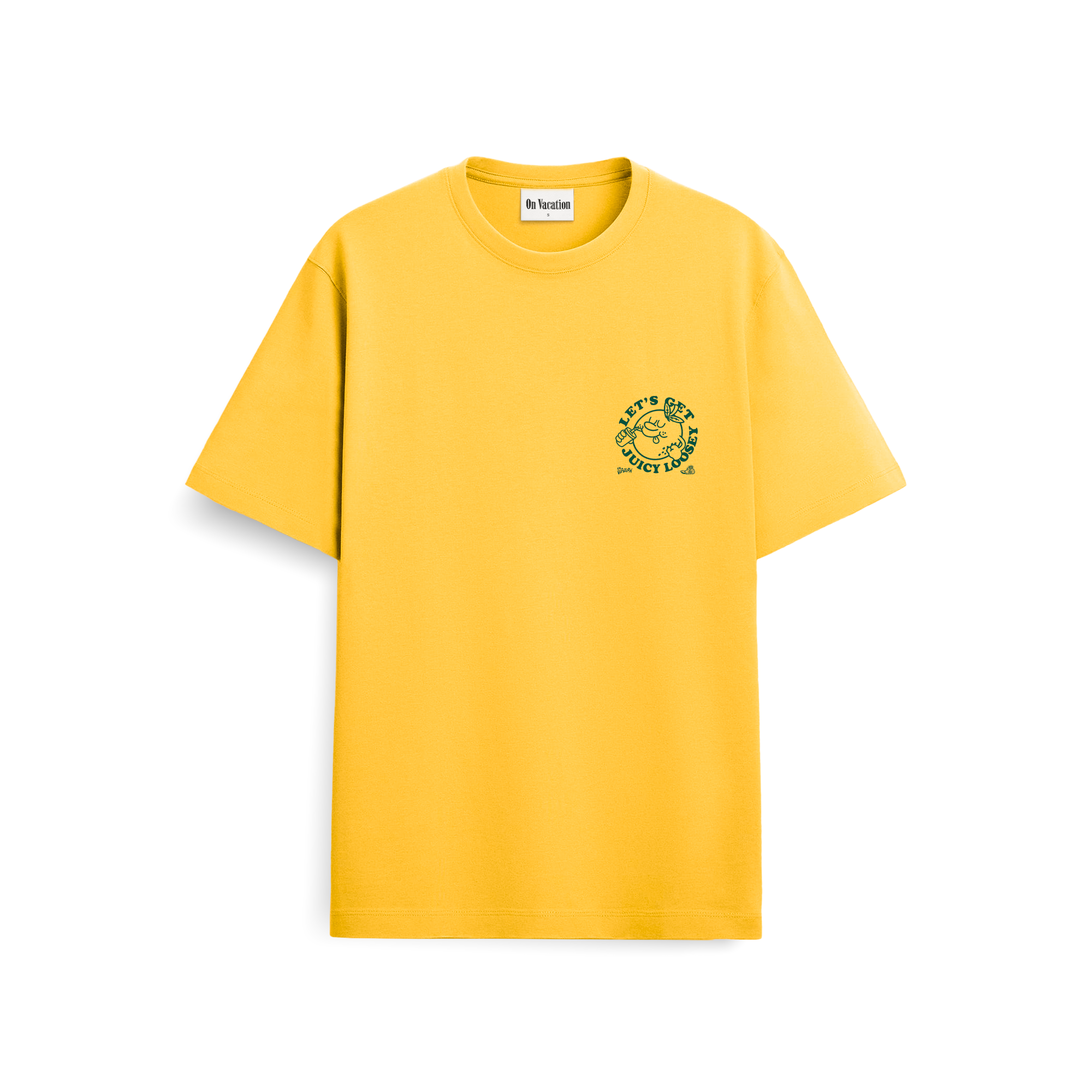 Ein gelbes Kurzarm-T-Shirt mit einer kleinen grünen Grafik und der Aufschrift LETS GET SOCIET LAB auf der linken Brust. Das Shirt hat einen einfachen Rundhalsausschnitt.