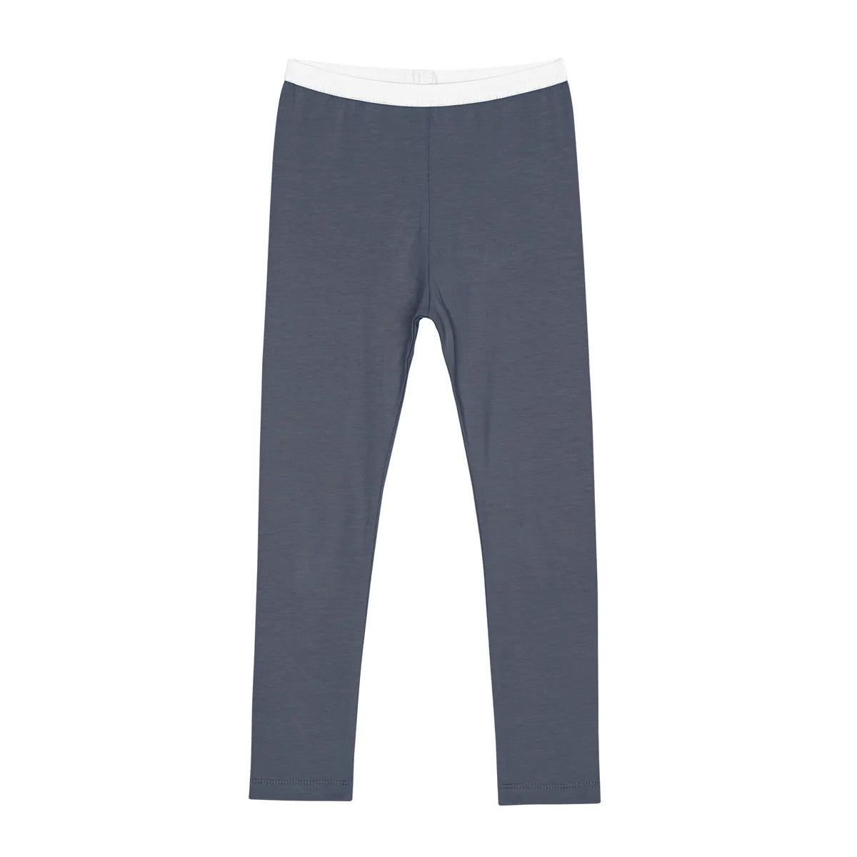 Ein Paar einfarbige, lange, marineblaue Leggings mit weißem Gummibund auf weißem Hintergrund.