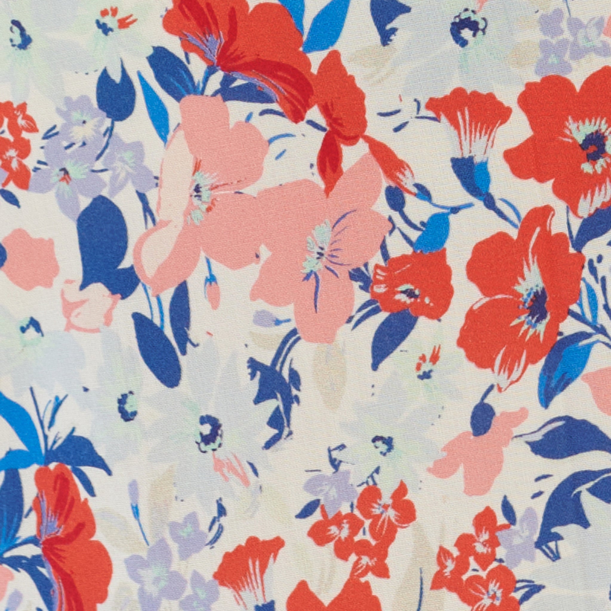 Bunte Blumenmuster mit roten, blauen und rosa Blüten auf hellem Hintergrund.