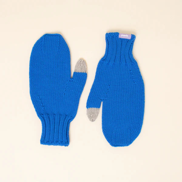 Ein Paar blaue Strickfäustlinge mit gerippten Bündchen, jeweils mit einem grauen Fingerspitzenbereich an den Daumen, dargestellt auf einem einfarbigen hellen Hintergrund.