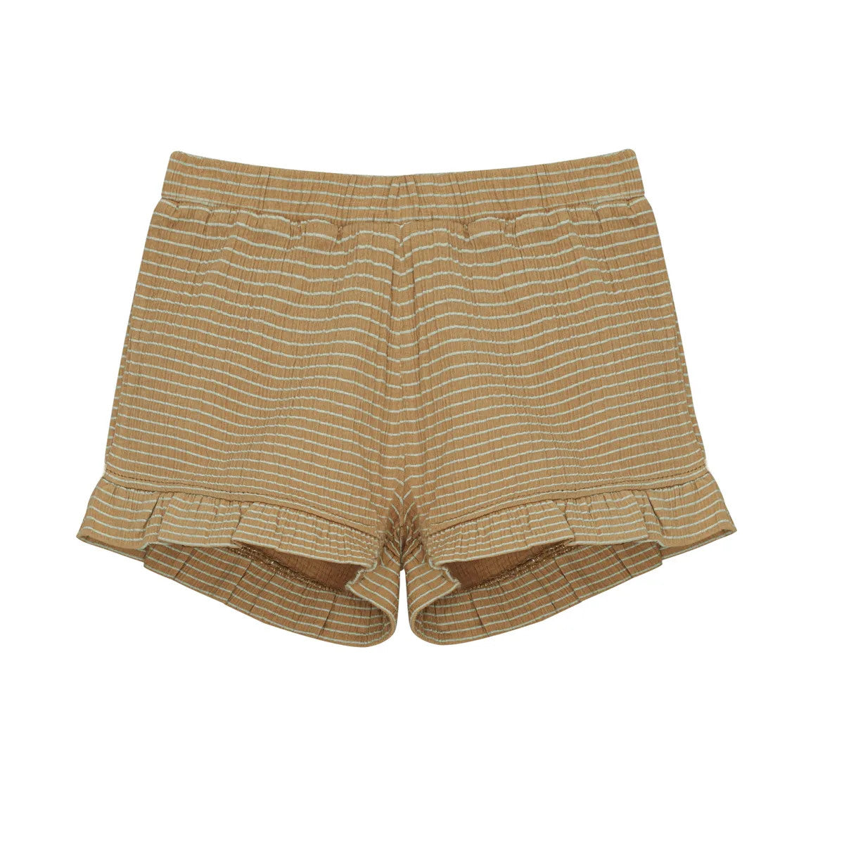 Hellbraun-weiß gestreifte Shorts mit elastischem Bund und gerüschten Säumen auf weißem Hintergrund.
