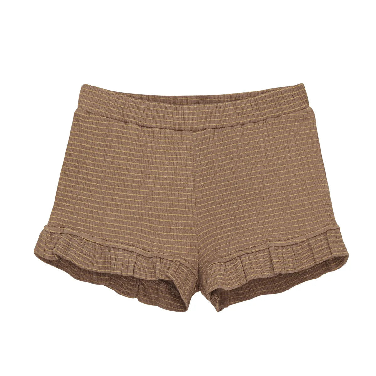 Braun strukturierte Shorts mit dezentem Karomuster, elastischem Bund und kleinen Rüschen an den Beinöffnungen. Die Shorts liegen flach auf weißem Grund.