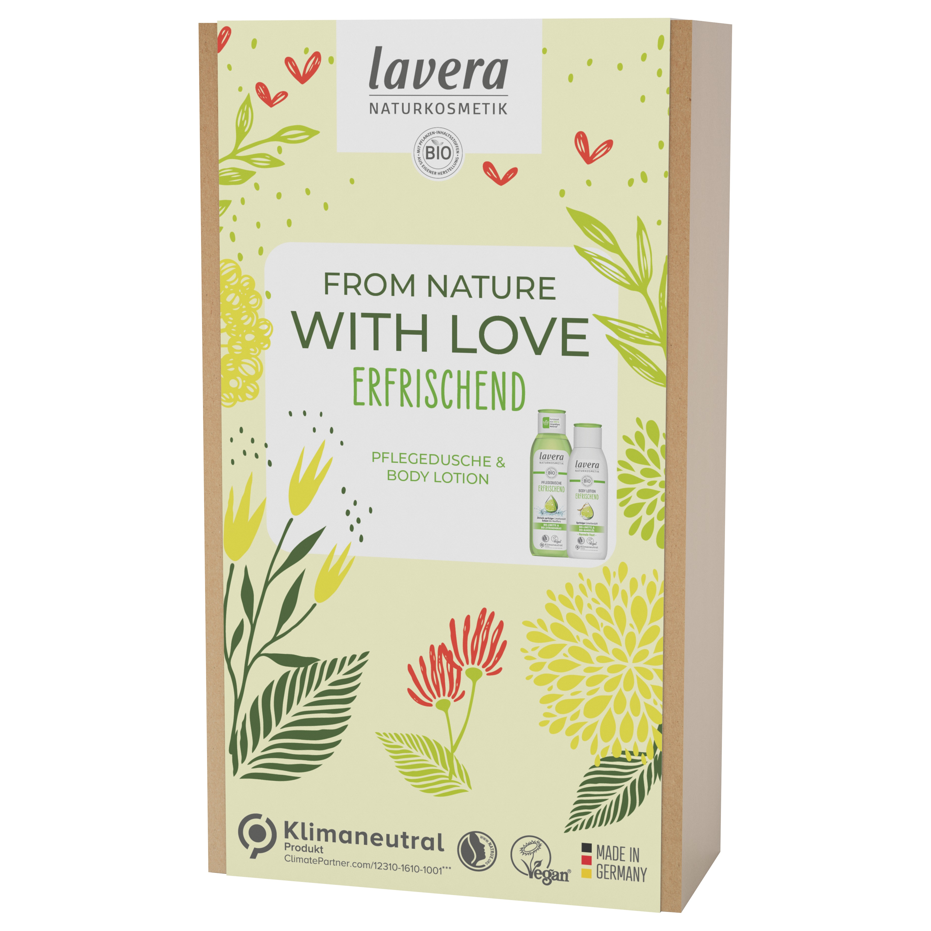 Verpackung von Lavera Naturkosmetik mit floralen Mustern und der Aufschrift "From Nature With Love - Erfrischend".