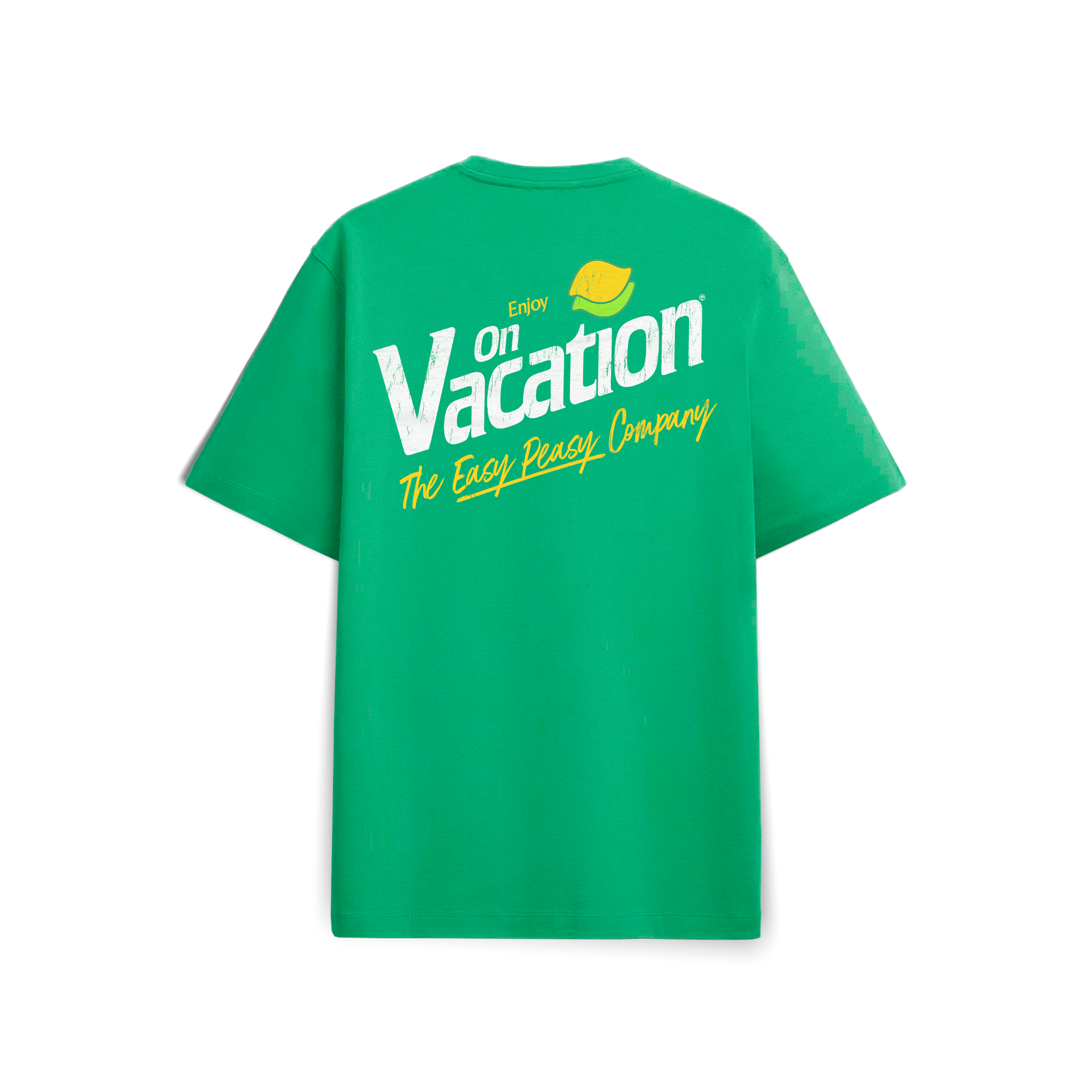Grünes T-Shirt mit weißem und gelbem Text auf der Rückseite: "Enjoy On Vacation" (Viel Spaß im Urlaub) und einer gelben Zitronengrafik, darunter "The Easy Peasy Company" in gelber Schreibschrift.