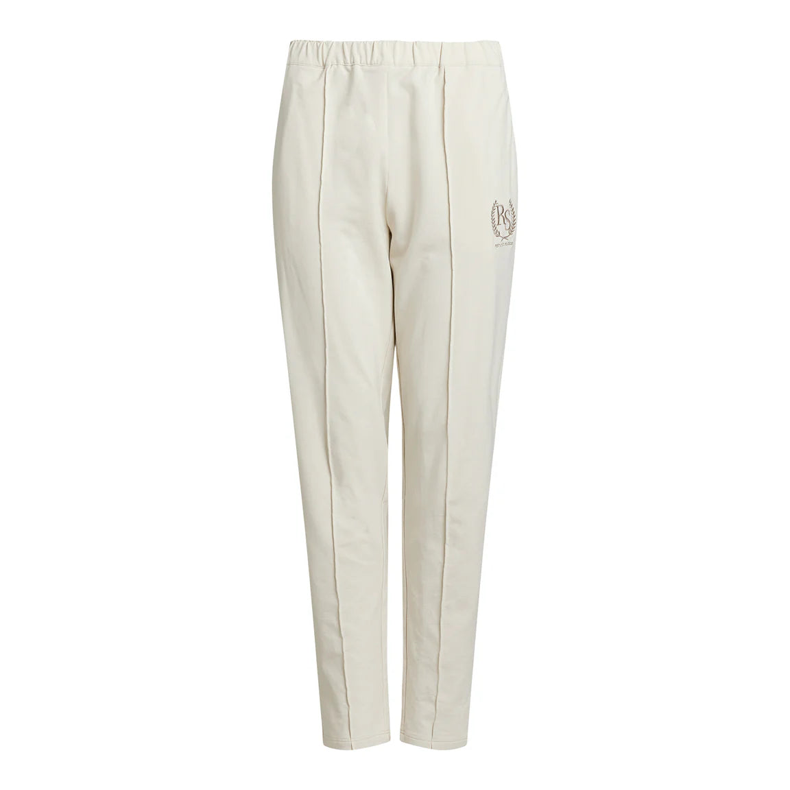 Off-white Hose mit geradem Bein, elastischem Bund und dezenten vertikalen Nähten. Auf dem linken Oberschenkel befindet sich ein kleines gesticktes Logo.