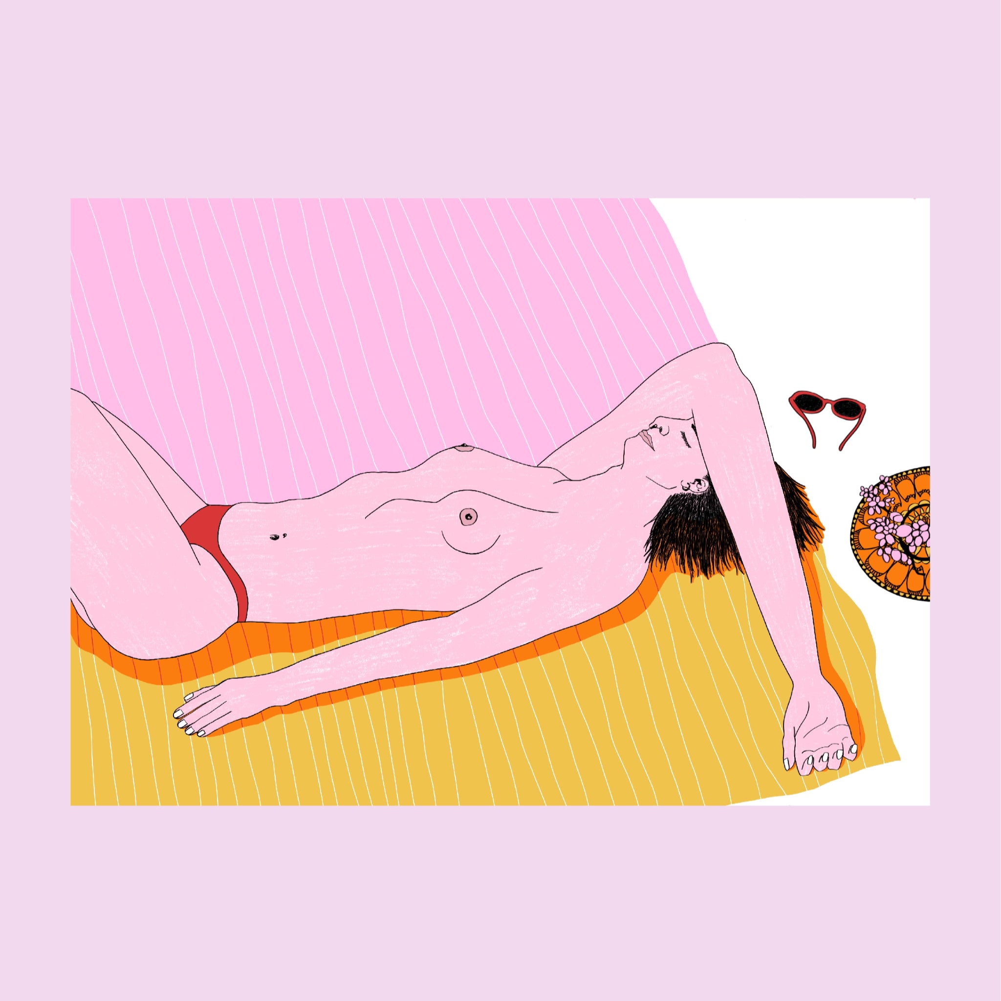 Illustration einer Person in roter Bikinihose, die auf einem gelb und rosa gestreiften Handtuch liegt und einen Arm über dem Gesicht hat. In der Nähe befinden sich eine Sonnenbrille und eine Schale mit Obst. Der Hintergrund ist in einem sanften Rosaton gehalten.