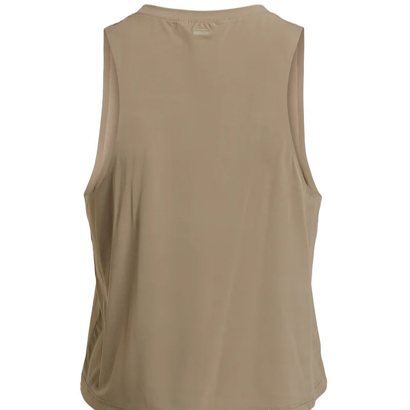 Beigefarbenes, ärmelloses Tank-Top, von hinten gesehen, mit einem einfachen Design ohne sichtbare Muster, Logos oder Verzierungen.