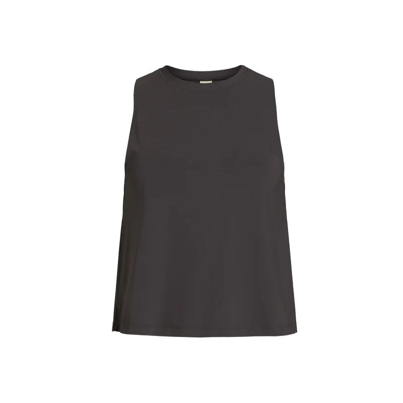 Schwarzes ärmelloses Tank-Top mit Rundhalsausschnitt und lockerer Passform auf weißem Hintergrund.