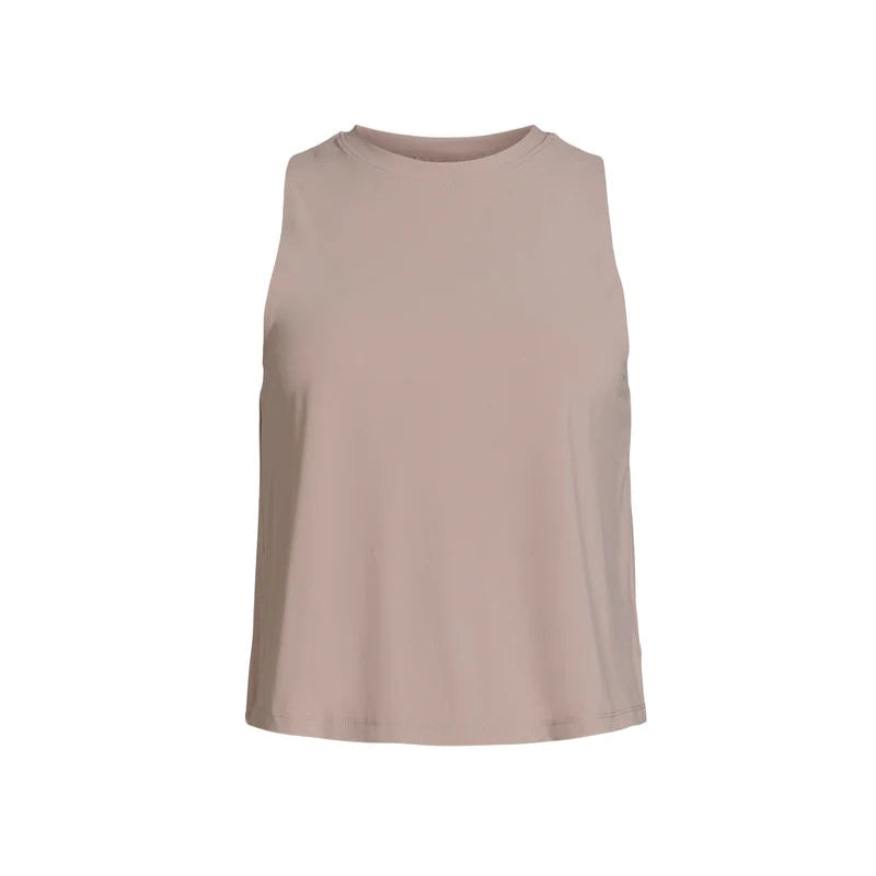 Ein ärmelloses, hellbeiges Tank-Top mit hohem Halsausschnitt auf weißem Hintergrund.