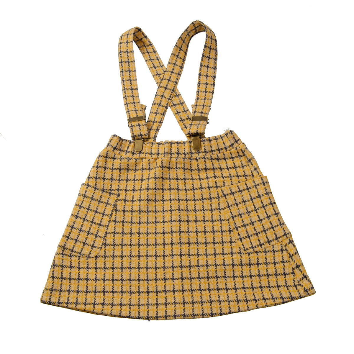 Ein gelb karierter Rock mit zwei Vordertaschen und verstellbaren, sich im Rücken kreuzenden Trägern. Der Rock hat ein blau-schwarzes Karomuster.