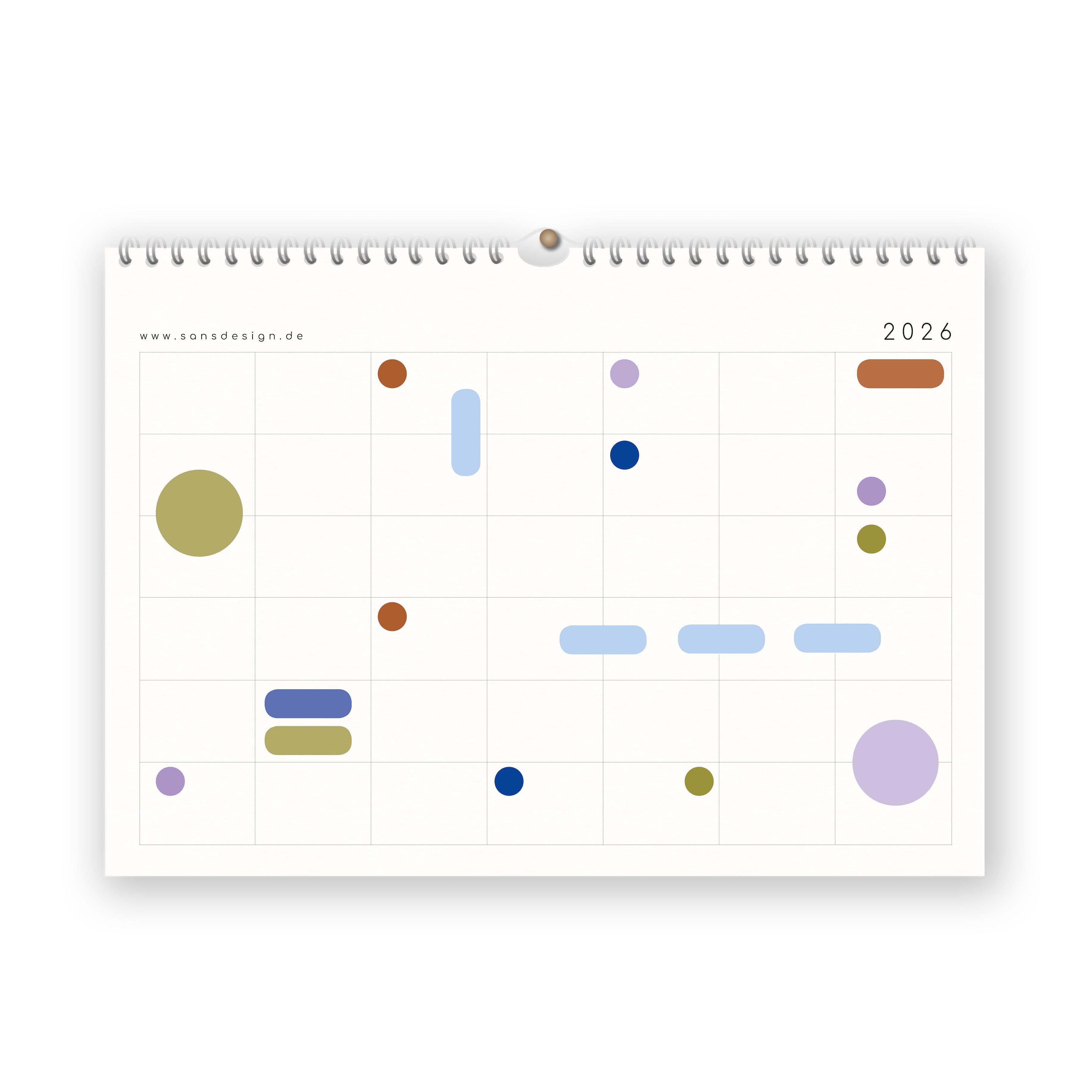 Ein minimaler Wandkalender 2026 mit weißem Hintergrund, der ein Rasterlayout und verschiedenfarbige Kreise und Rechtecke unterschiedlicher Größe in jedem Feld aufweist, aber keinen Text oder Zahlen, die Daten angeben.