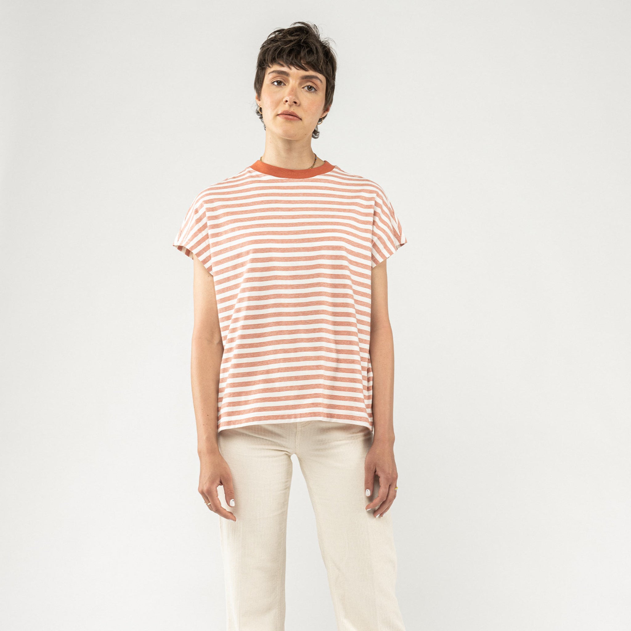 MELA Damen T-Shirt "MADHU" Thin Stripes Terracotta
